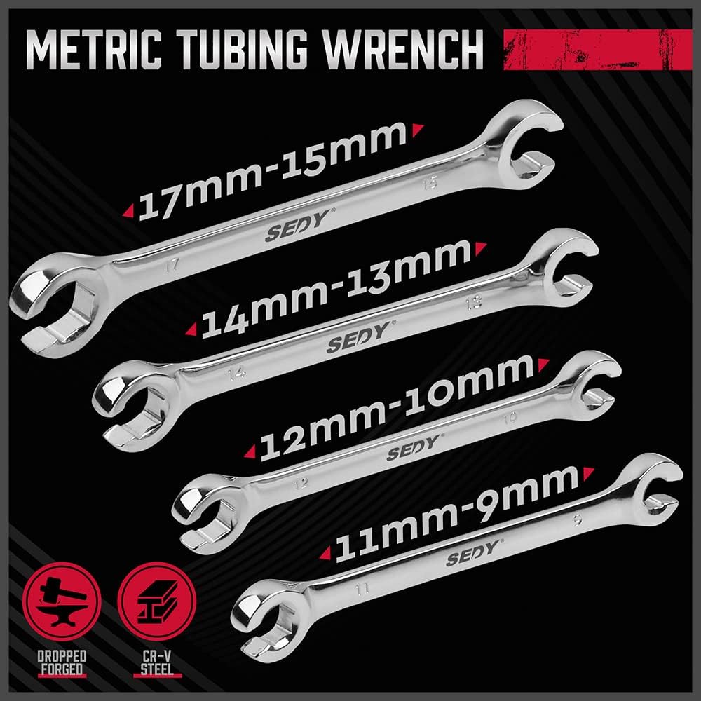 4 Piece Flare Nut Tubing Wrench Set, Metric, Offset End Spanners - South East Clearance Centre