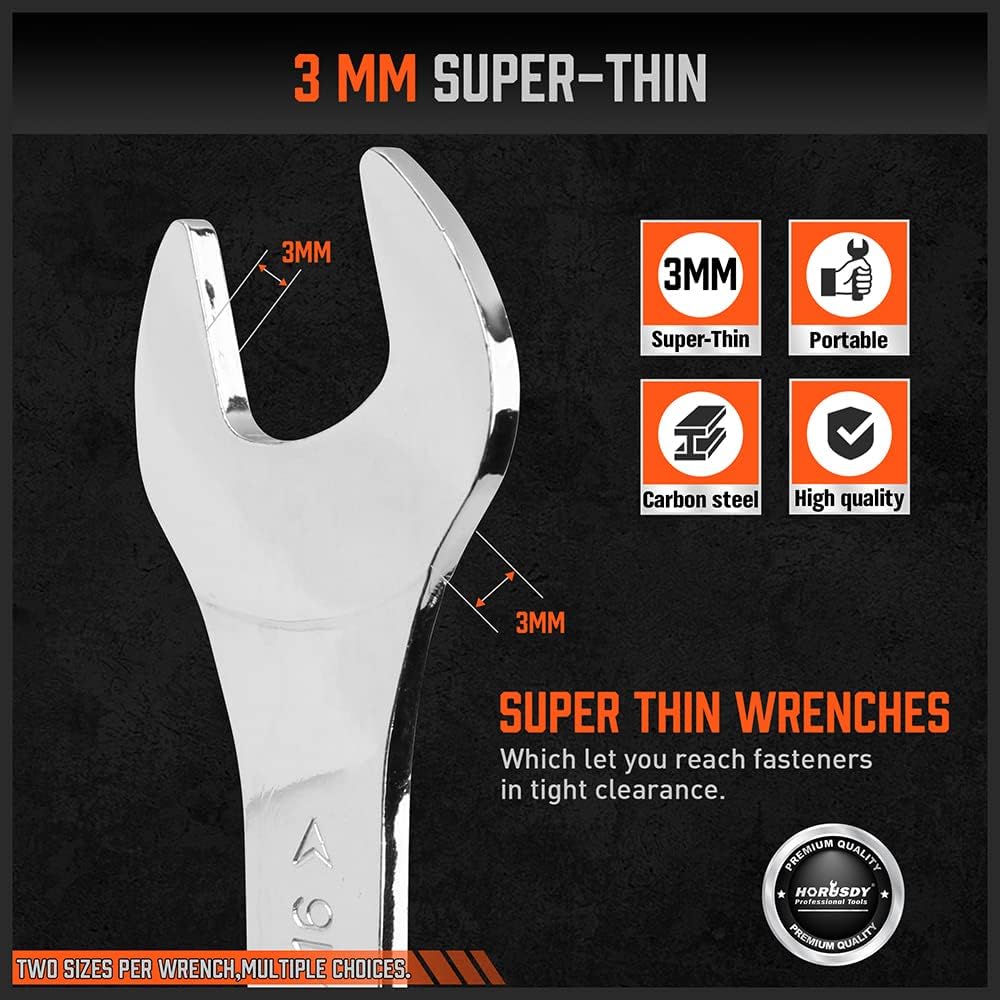 18-Piece Super-Thin Open End Wrench Set with Rolling Pouch, CR-V Steel SAE & Metric, 1/4" to 1-1/16" and 5.5mm to 27mm Slim Spanner Wrench Set - South East Clearance Centre