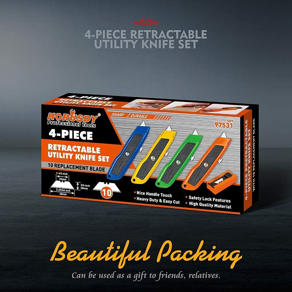 4-Pack Utility Knife Box Cutter, SK5 Heavy Duty Aluminum Shell Retractable Box Cutter for Cardboard, Boxes and Cartons, Extra 10 Blades.