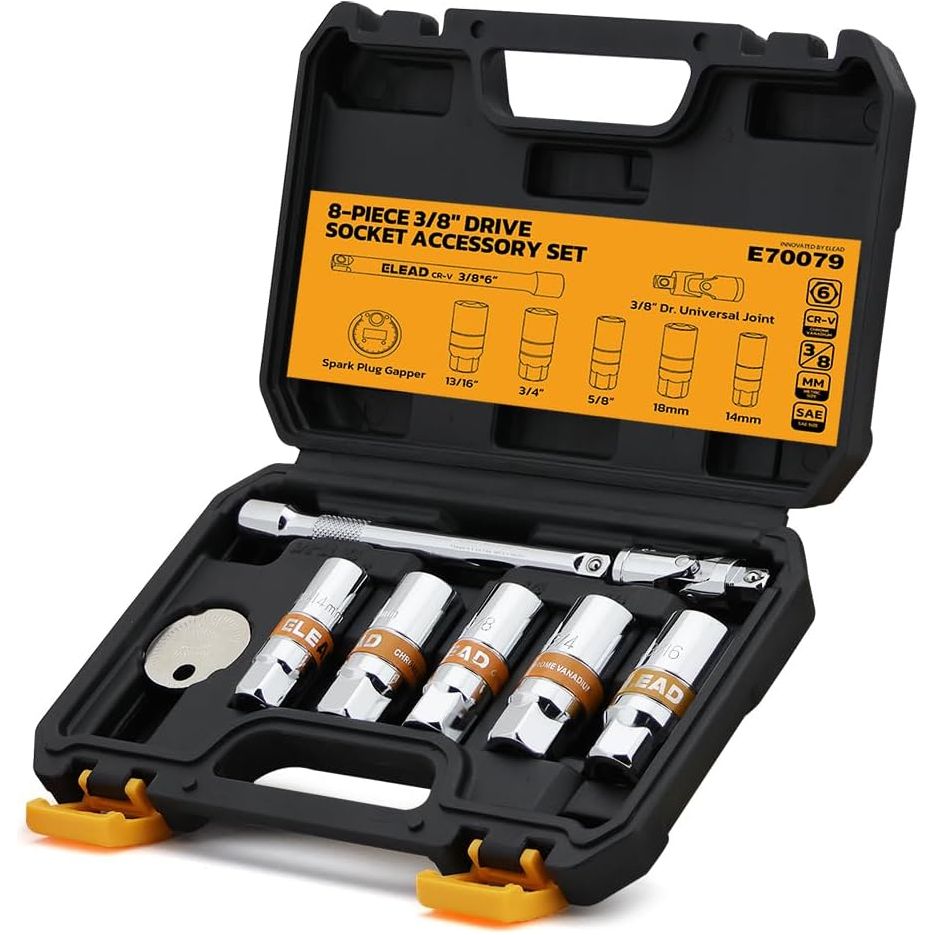 E70079 - 8-Piece 3/8" Drive Spark Plug Socket Set with Universal Joint, Spark Plug Gapper and 6" Extension Bar, SAE & Metric, 5/8", 3/4", 13/16", 14mm, 18mm, CR-V Sockets with Rubber Holding Rings