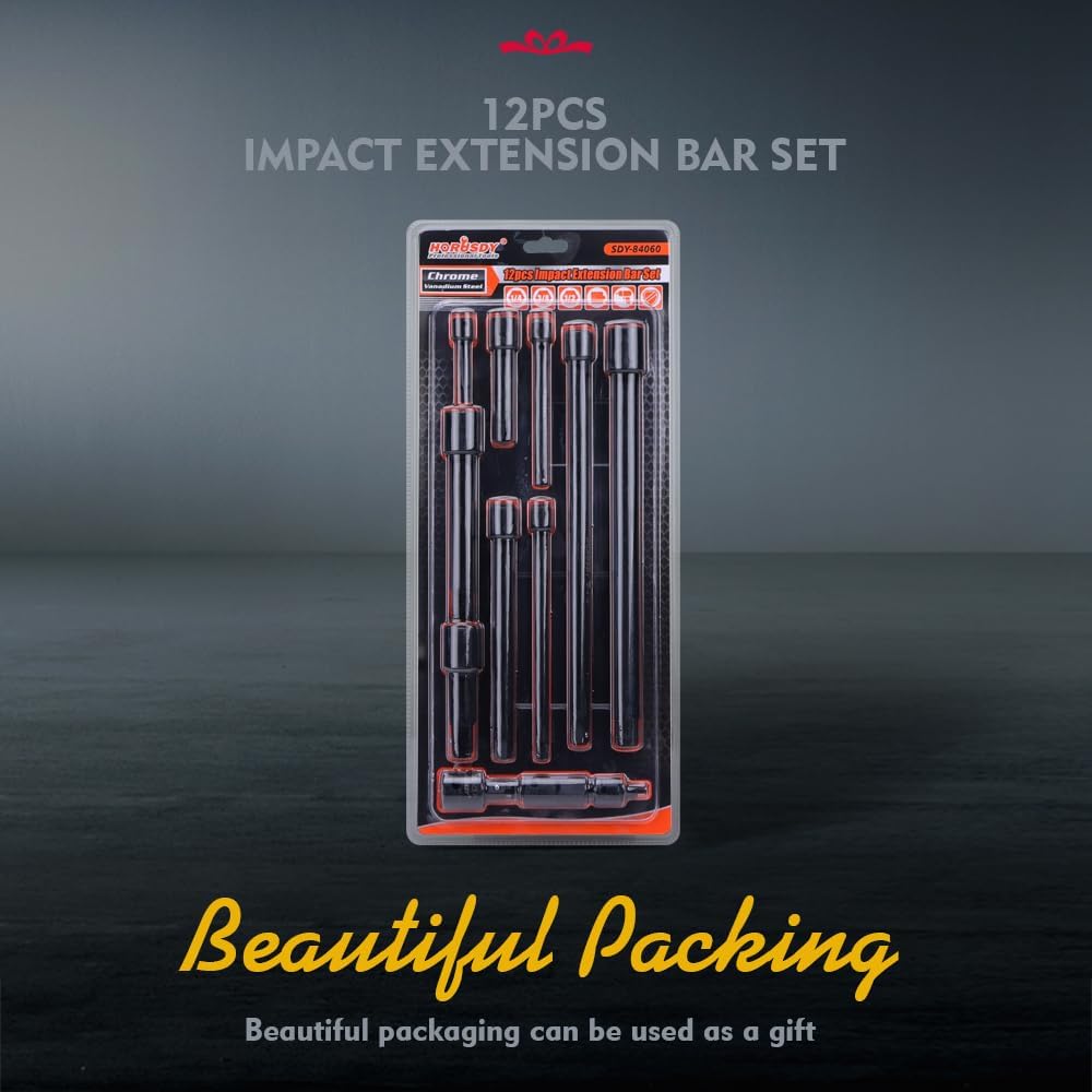 12-Piece Impact Driver Extension Bar Set Includes Socket Adapters, 1/4", 3/8", and 1/2" Drive Tool Accessory Set, Socket Extension Bar
