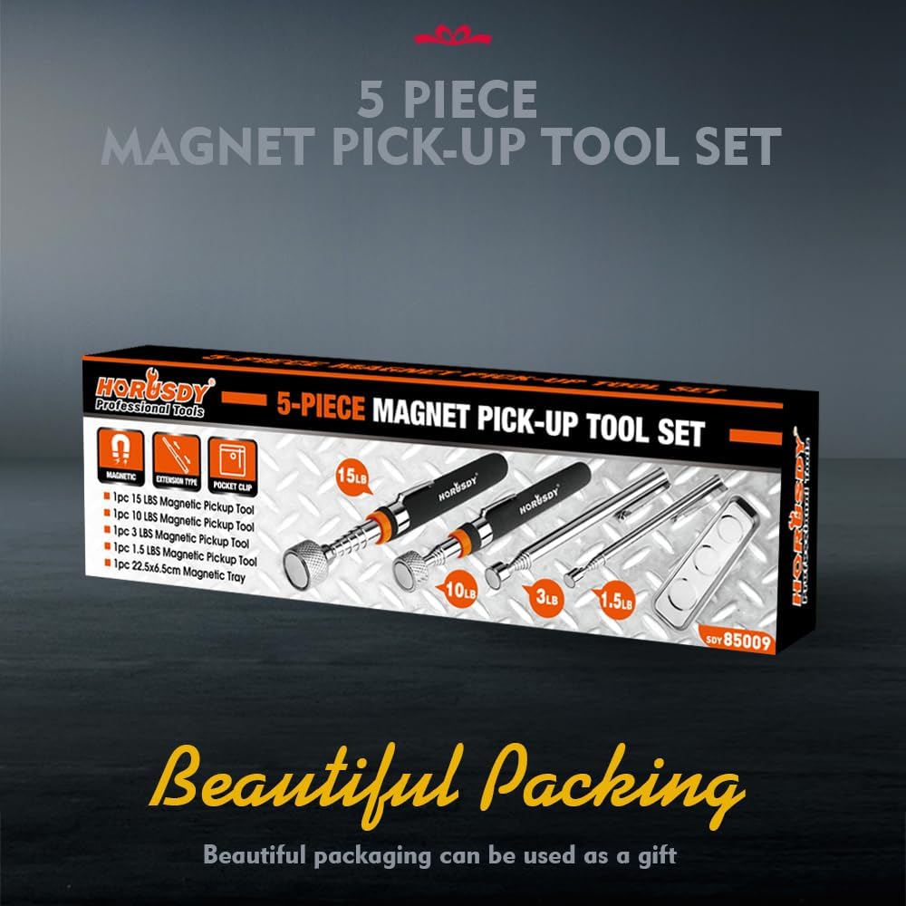 5-Piece Magnetic Pickup Tools Set, Includes 15LB, 10LB, 3LB, 1.5LB Magnet Sticks, Rust-Proof Magnetic Tray, Telescoping Design for Mechanics, Automotive, DIY, Gifts for Men, Dad