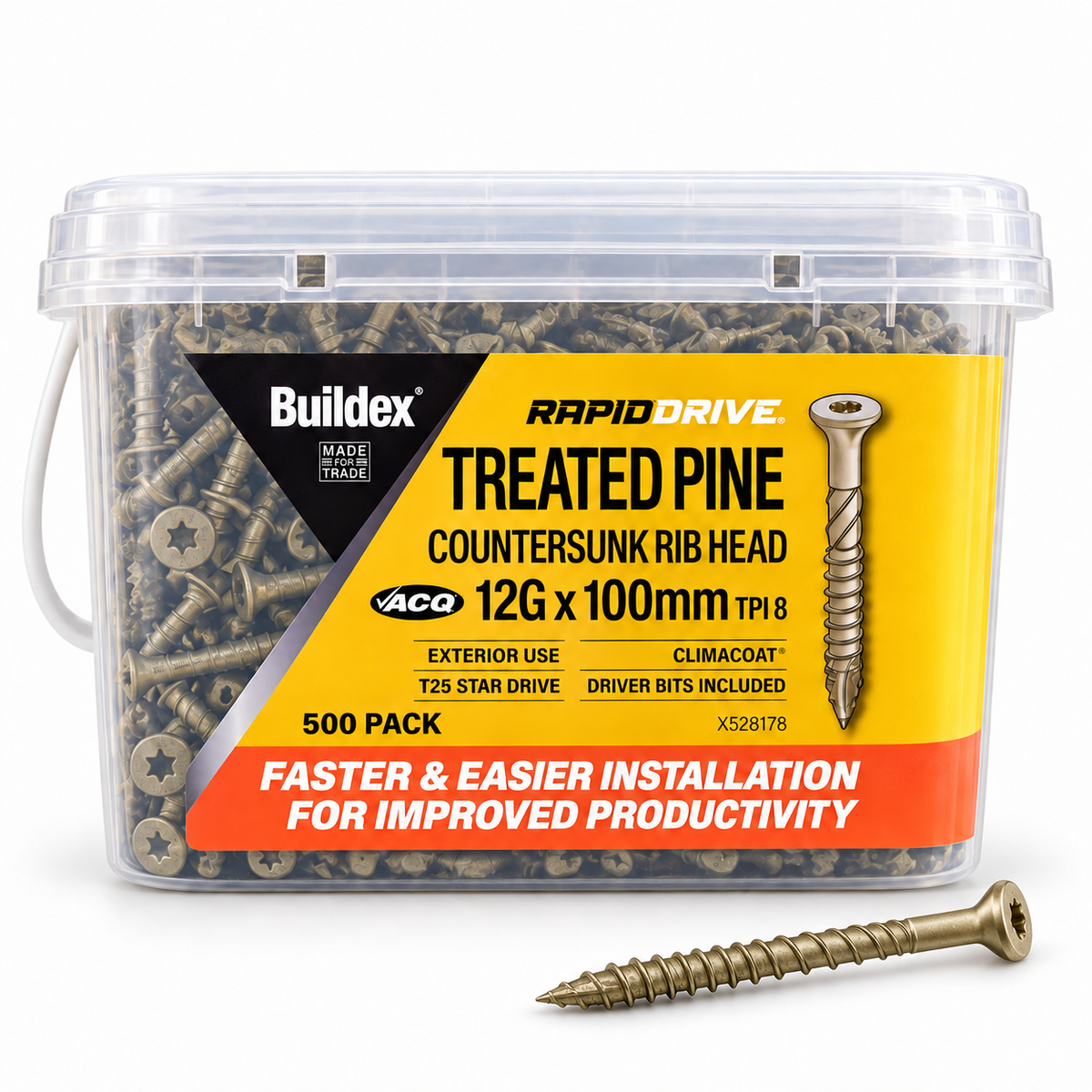 Buildex RapidDrive Treated Pine Screws 12G x 100mm – 500 Pack