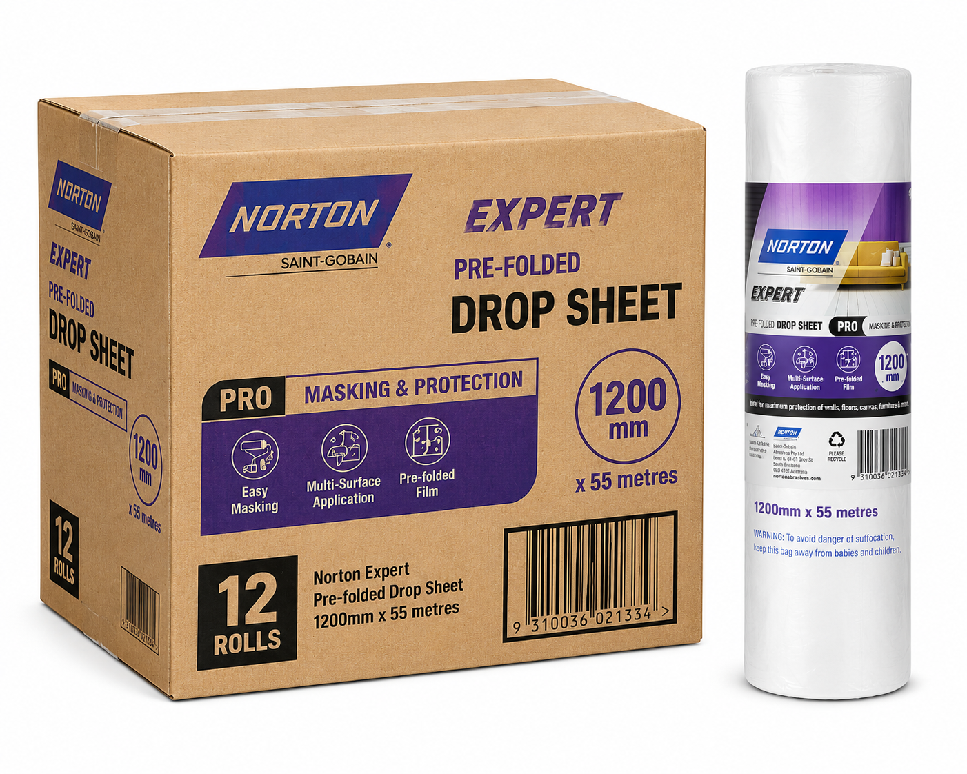 NORTON Painters Plastic Film 1200mm x 55m Prefolded Drop Sheet Painting (12 Pack)