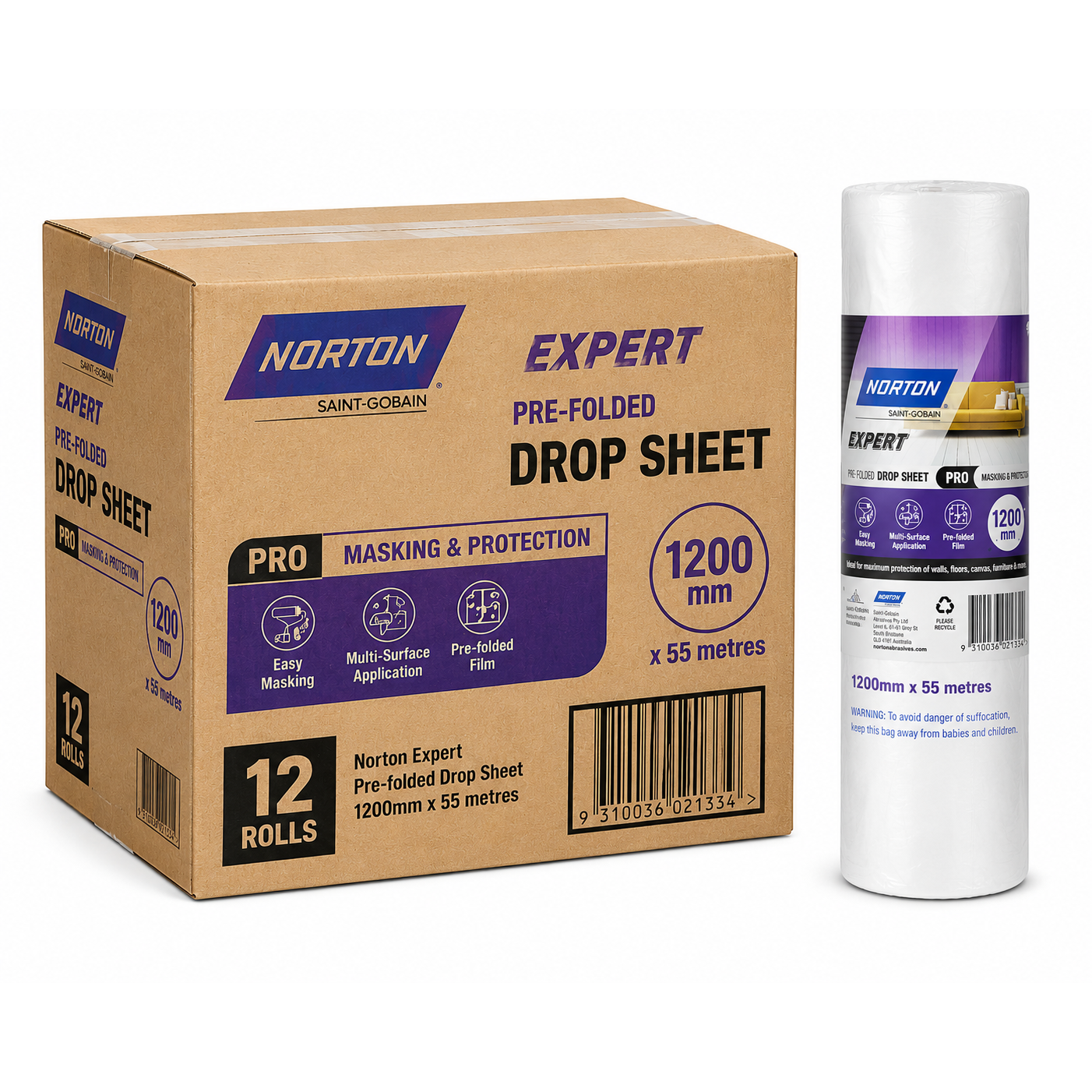 NORTON Painters Plastic Film 1200mm x 55m Prefolded Drop Sheet Painting (12 Pack)