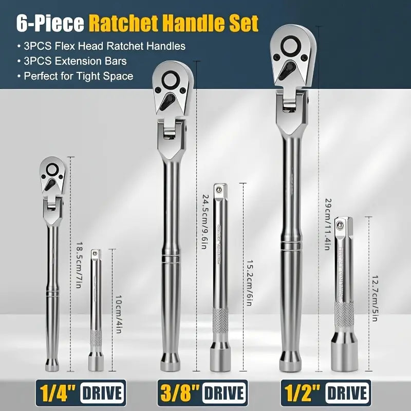 6 Piece Flex Ratchet Set 72-Tooth Swivel Wrench, 1/4", 3/8", 1/2" Drive - South East Clearance Centre