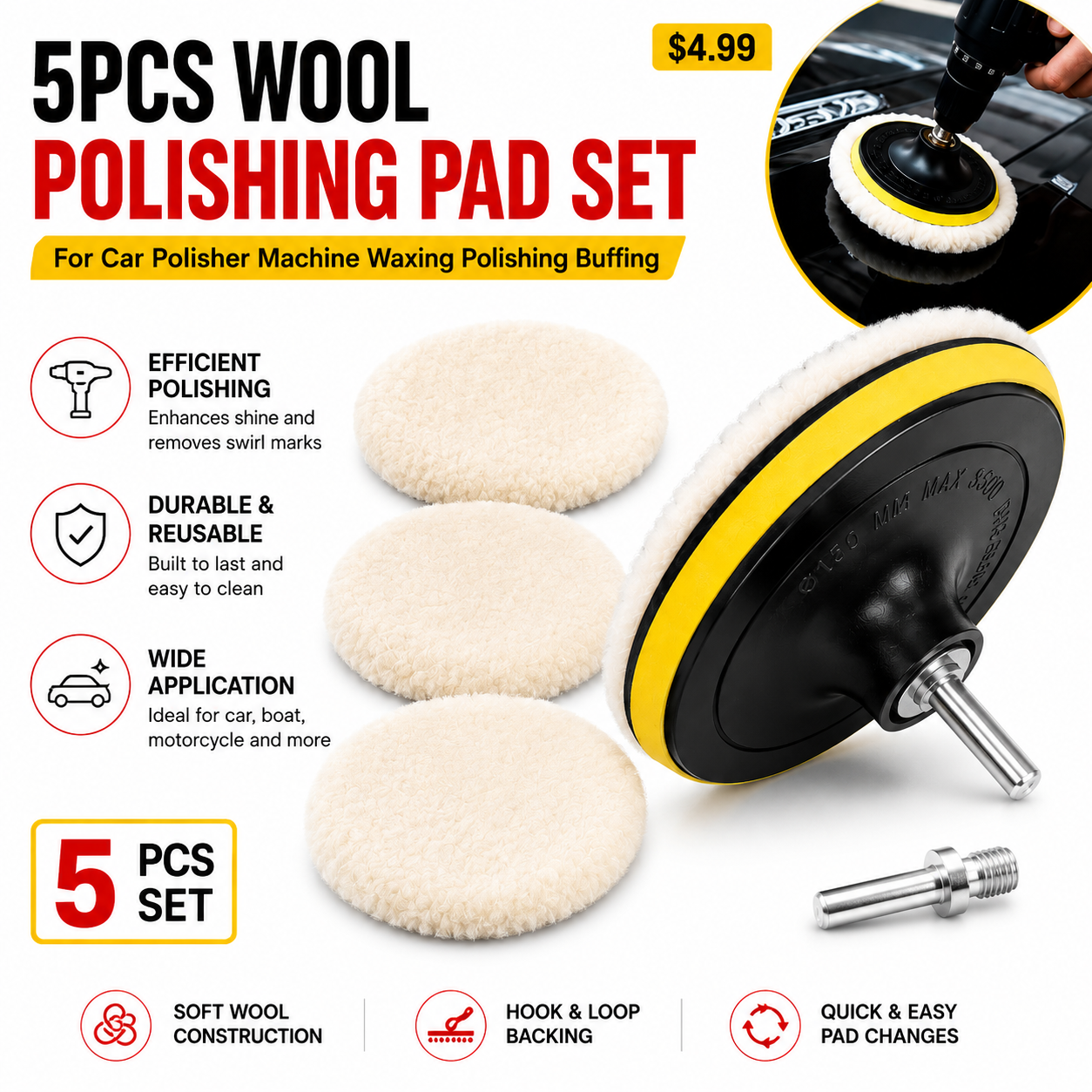 5 Piece - 5" Wool Polishing & Buffing Pad Kit | Hook & Loop Backing Pad with M14 to 6mm Drill Adapter