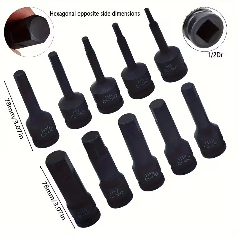 Master 10 Piece 1/2" Drive Impact Hex Bit Socket Set Metric 4mm–19mm Cr-Mo Allen Sockets with Storage Case - South East Clearance Centre