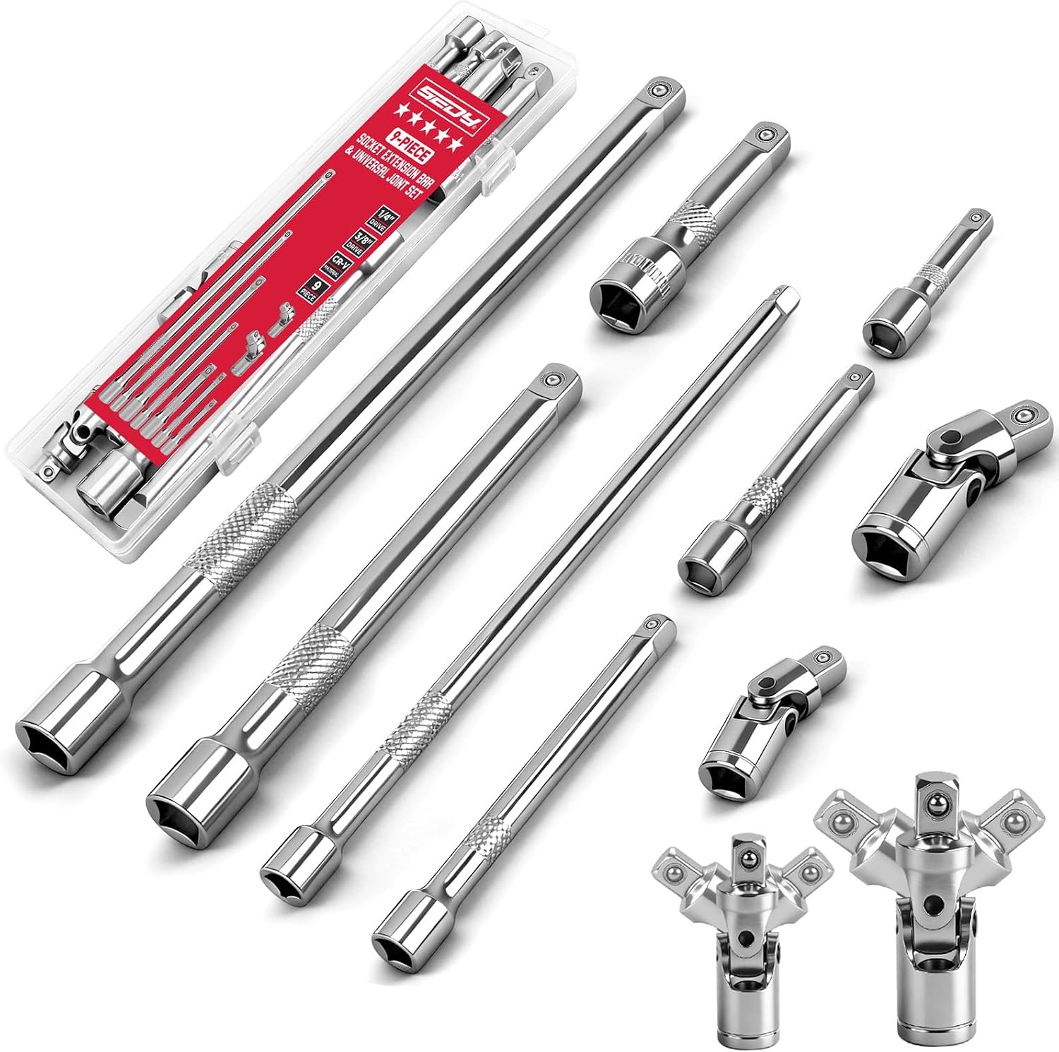 9-Piece Socket Extension Bar Set, 1/4" & 3/8" Drive Ratchet Extensions 2", 3", 4", 6", 8" & 10" with Universal Joints, CR-V Steel for Tight Spaces