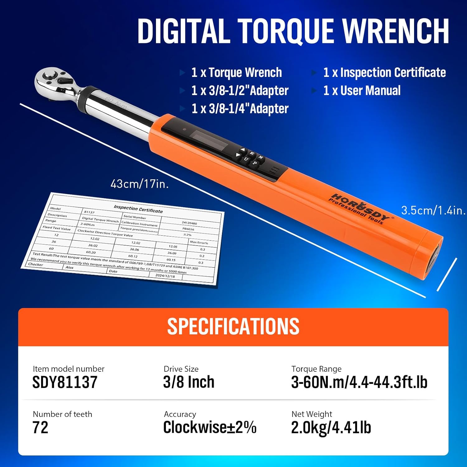 3/8" Drive Digital Torque Wrench, 4.4-44.3Ft.lb / 3-60N.m, 2% Accuracy LED Display - South East Clearance Centre