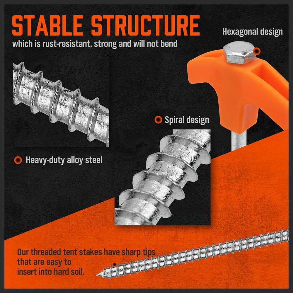 18-Pack Tent Stake Set, Heavy Duty Screw in Tent Pegs, Tent Stakes with 4X 13ft Rope & 1x Stopper T Pull Hook and Nut Driver