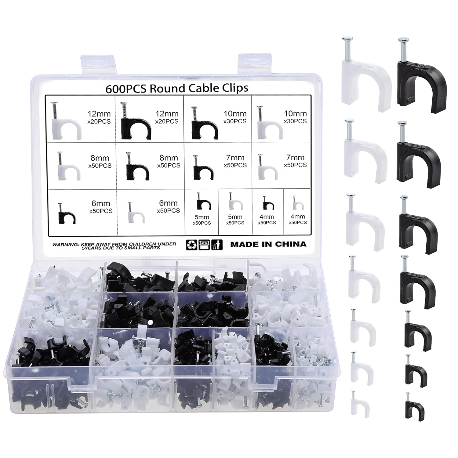 600 Piece Round Cable Clips Assortment Kit (4-12mm) - South East Clearance Centre