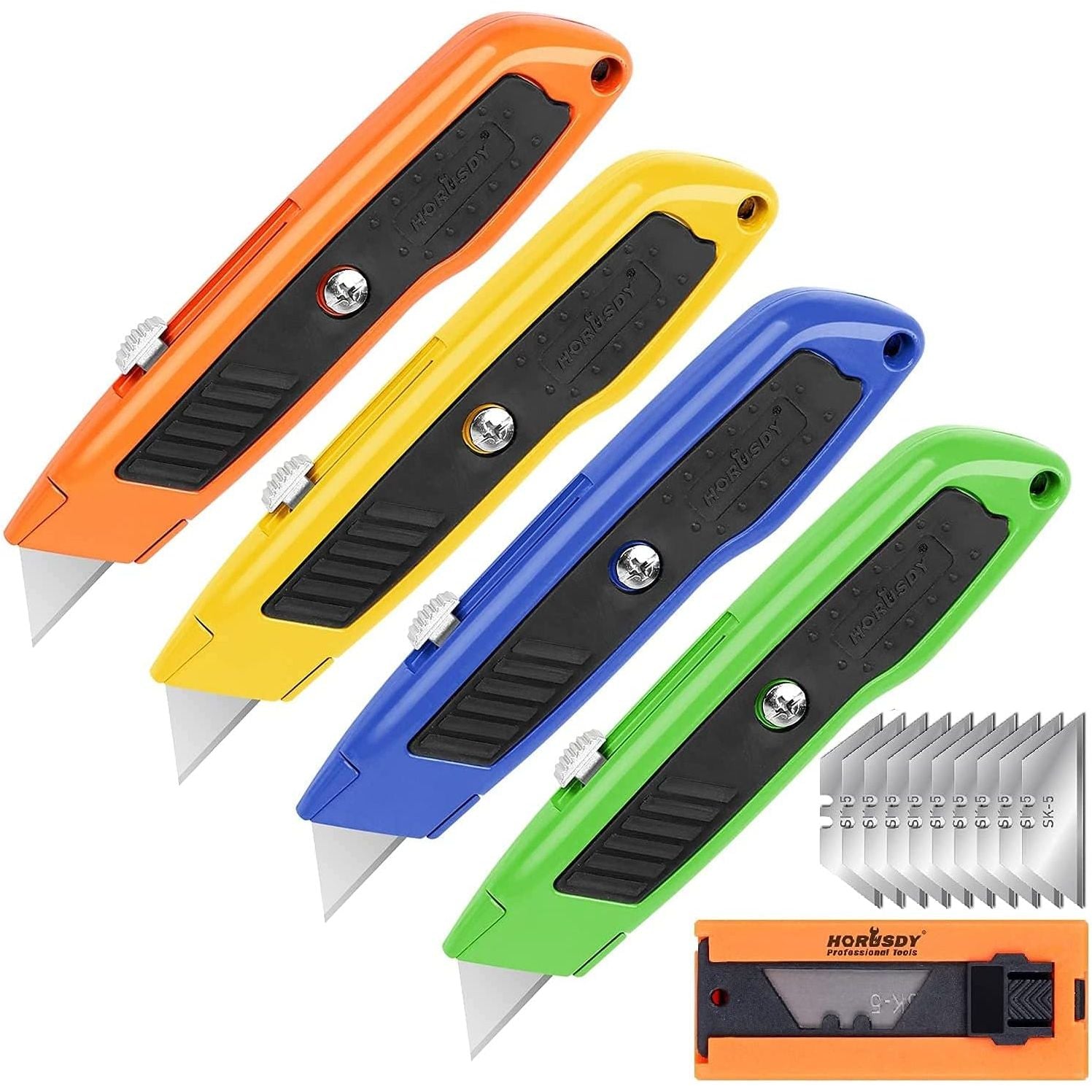 4-Pack Utility Knife Box Cutter, SK5 Heavy Duty Aluminum Shell Retractable Box Cutter for Cardboard, Boxes and Cartons, Extra 10 Blades.