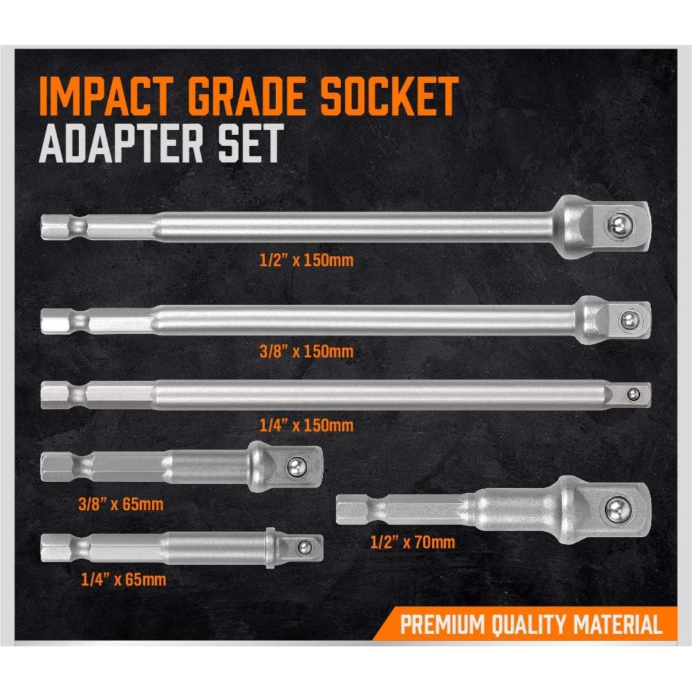 6Pc Drill Socket Adapter Set, Impact Grade Socket Extension Power Drill Bit Extensions, Hex Shank Adapter Drill Nut Driver Tool Accessory - South East Clearance Centre