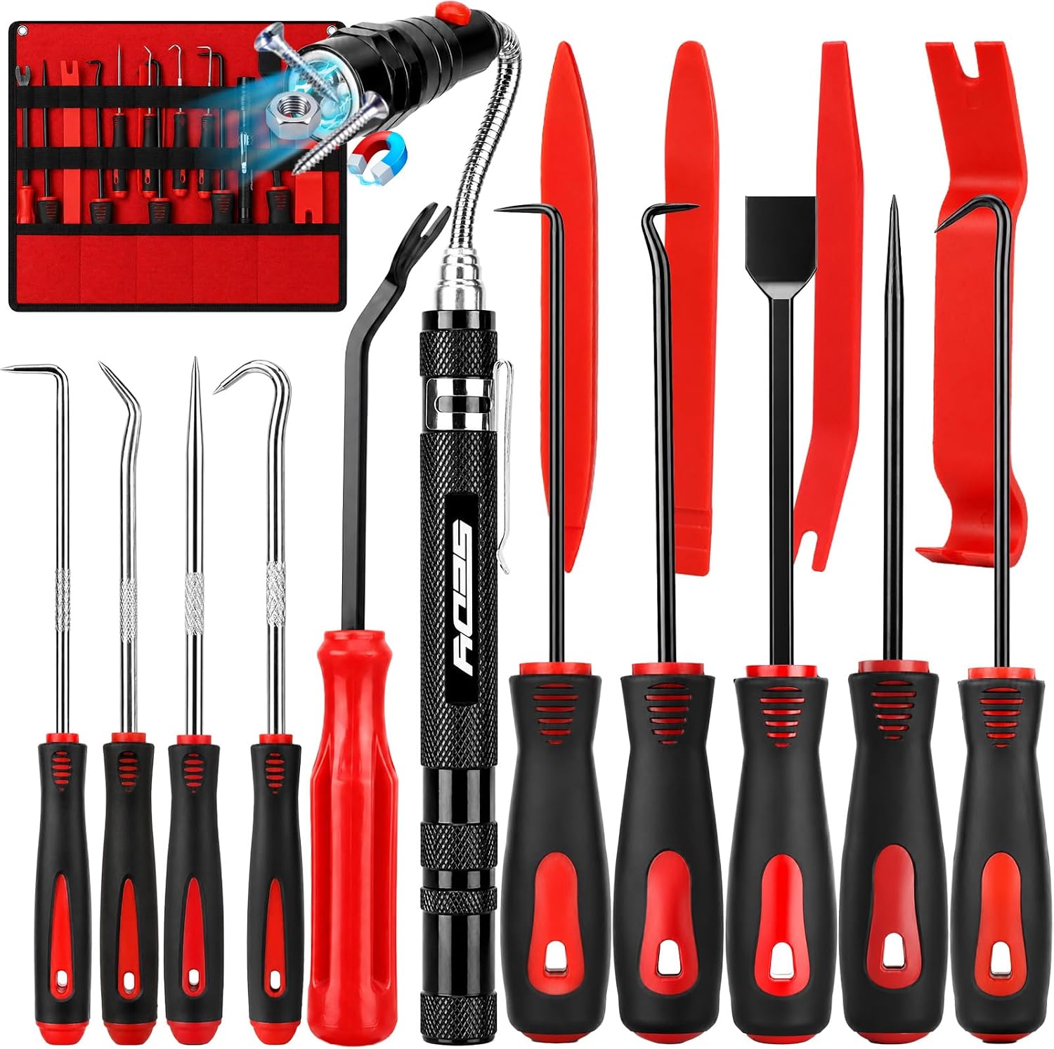 15-Piece Automotive Pick & Hook Tool Set with Magnetic Pickup, Trim & Fastener Removers and Storage Bag