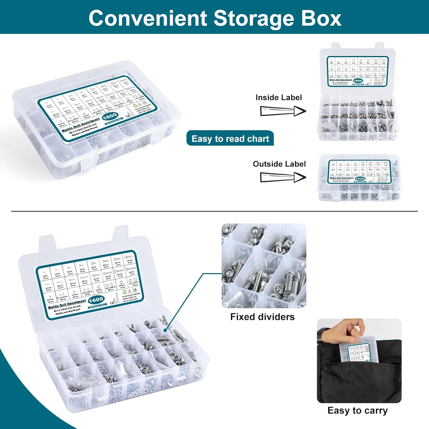 1600-Piece 304 Stainless Steel Socket Cap Screw, Nut & Washer Assortment Kit – M2 to M5 High Tensile Fastener Set in Organised Storage Box
