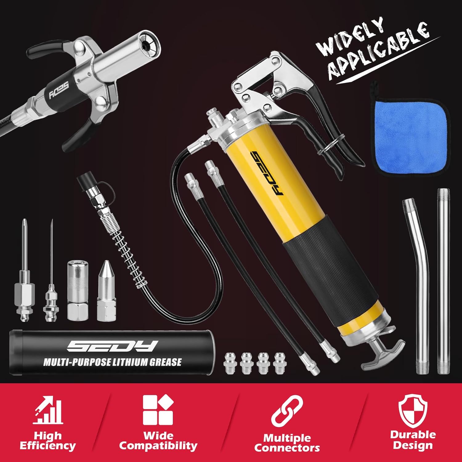 17-Piece Heavy Duty Grease Gun Kit: 14oz Grease Tube Flexible Hose Bearing Grease Pump 8000 PSI Pistol Grip Grease Guns Tool Marine Durable Connectors Adapters Extension Tubes Nozzle Easy Operation - South East Clearance Centre
