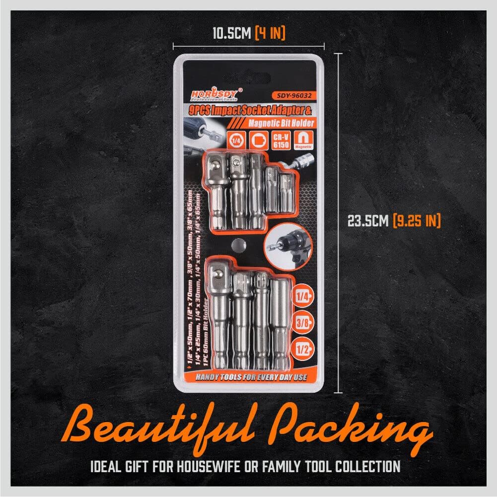 9-Piece Power Drill Socket Adapter Extension Set, 1/4" 3/8" and 1/2" Impact Driver Hex Shank, CrV Steel Drill Bit Extension Set with Magnetic Bit Holder - South East Clearance Centre