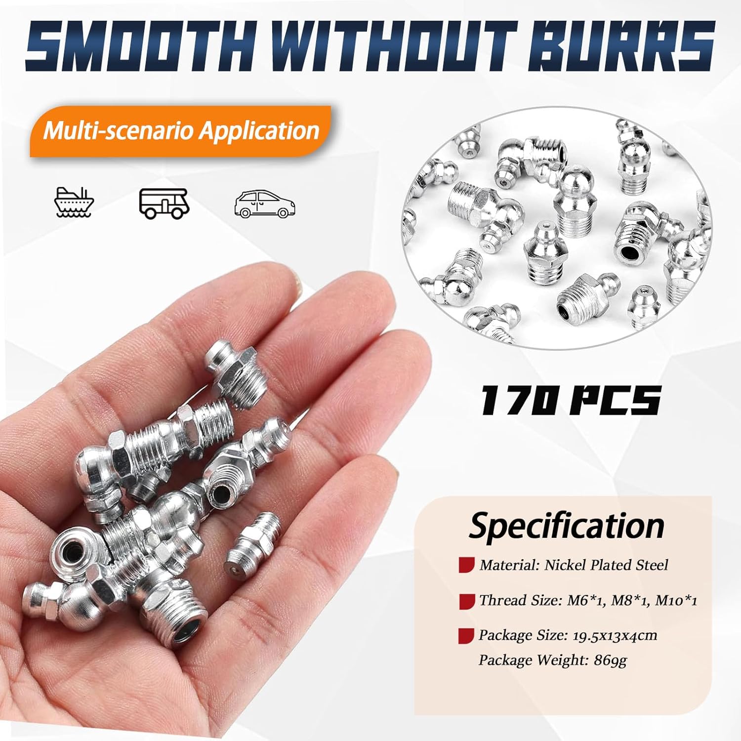 170-Piece Grease Nipple Assortment Kit – Metric M6 M8 M10 Straight, 45° & 90° Angled Nickel-Plated Grease Fittings with Storage Box - South East Clearance Centre