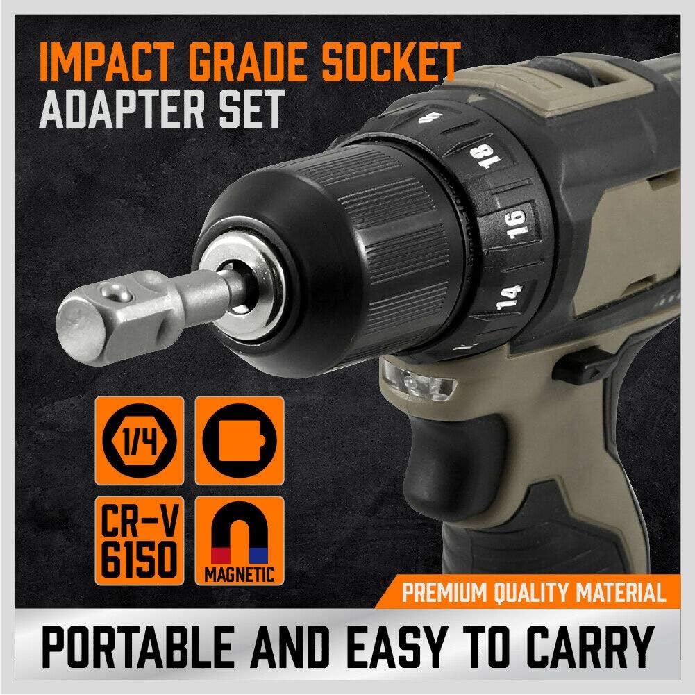 9-Piece Power Drill Socket Adapter Extension Set, 1/4" 3/8" and 1/2" Impact Driver Hex Shank, CrV Steel Drill Bit Extension Set with Magnetic Bit Holder - South East Clearance Centre