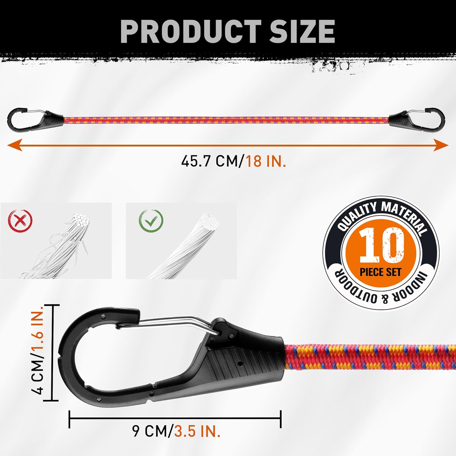 10-Piece Premium Bungee Cords with Hooks, 18” Bungee Cords, Bungee Cord Assortment
