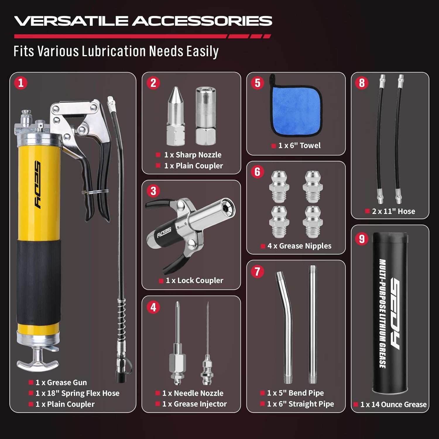 17-Piece Heavy Duty Grease Gun Kit: 14oz Grease Tube Flexible Hose Bearing Grease Pump 8000 PSI Pistol Grip Grease Guns Tool Marine Durable Connectors Adapters Extension Tubes Nozzle Easy Operation - South East Clearance Centre