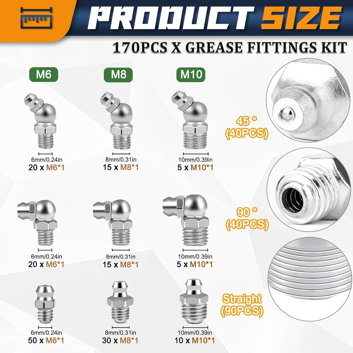 170-Piece Grease Nipple Assortment Kit – Metric M6 M8 M10 Straight, 45° & 90° Angled Nickel-Plated Grease Fittings with Storage Box - South East Clearance Centre