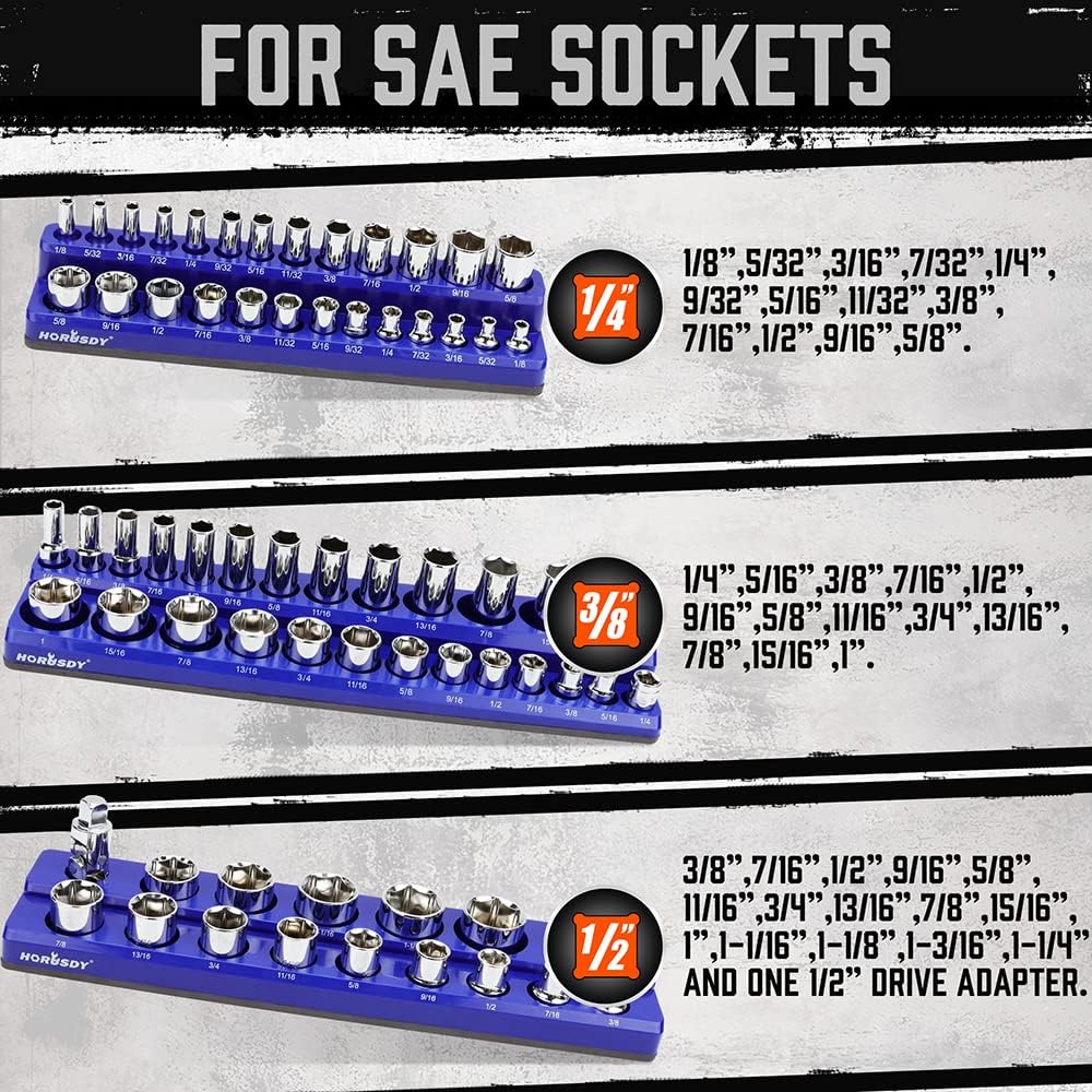 3-Piece Magnetic Socket Organizer Set, SAE Socket Holder, 1/4", 3/8", 1/2" Socket Organiser Tray, Holds Up to 75 Pieces Sockets - South East Clearance Centre