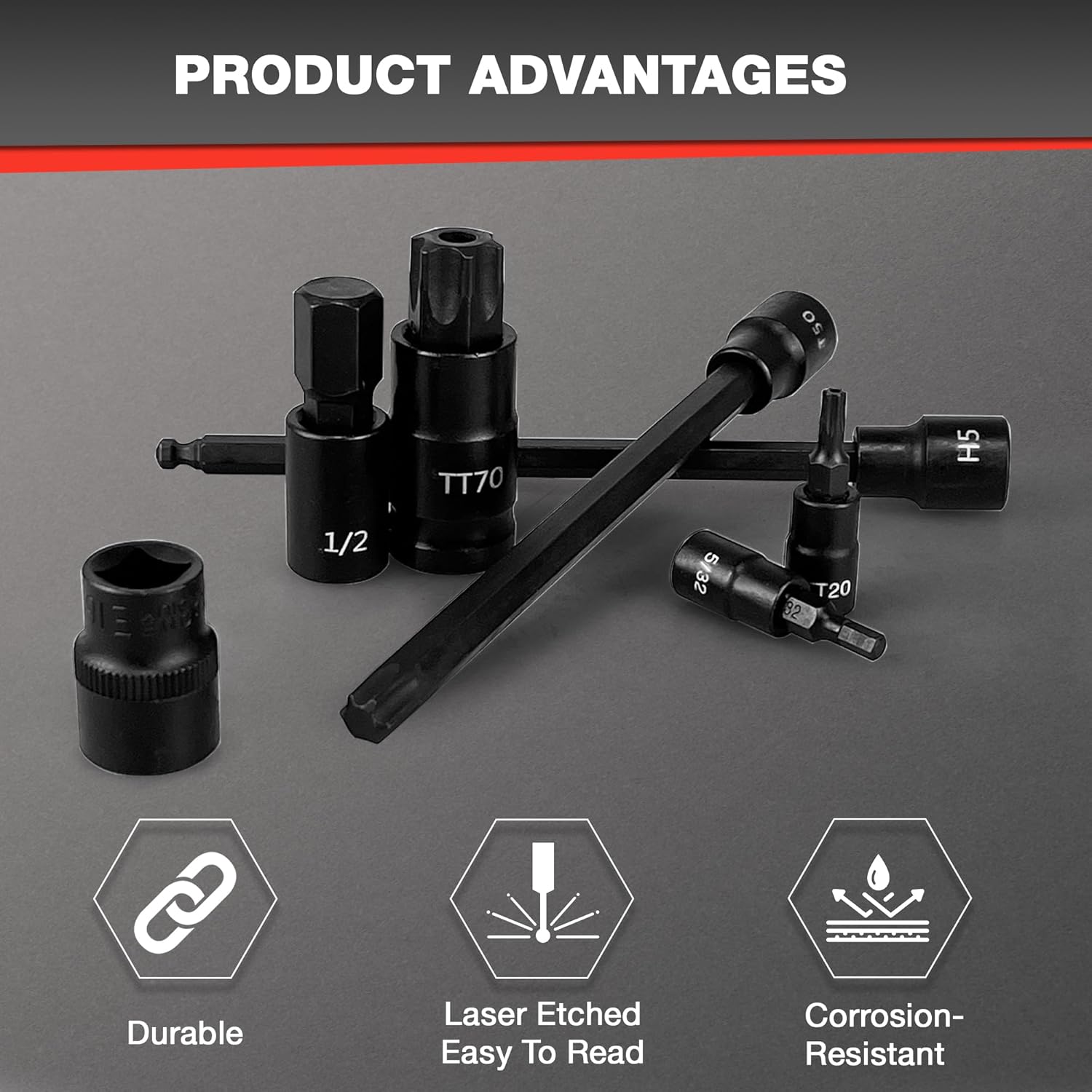 107 Piece Bit Socket Set, 1/4", 3/8" and 1/2" Drive, Hex/Torx/Tamper Proof Torx/E-Trox/Long Ball End Hex, CR-V, S2 Steel, SAE/Metric - South East Clearance Centre