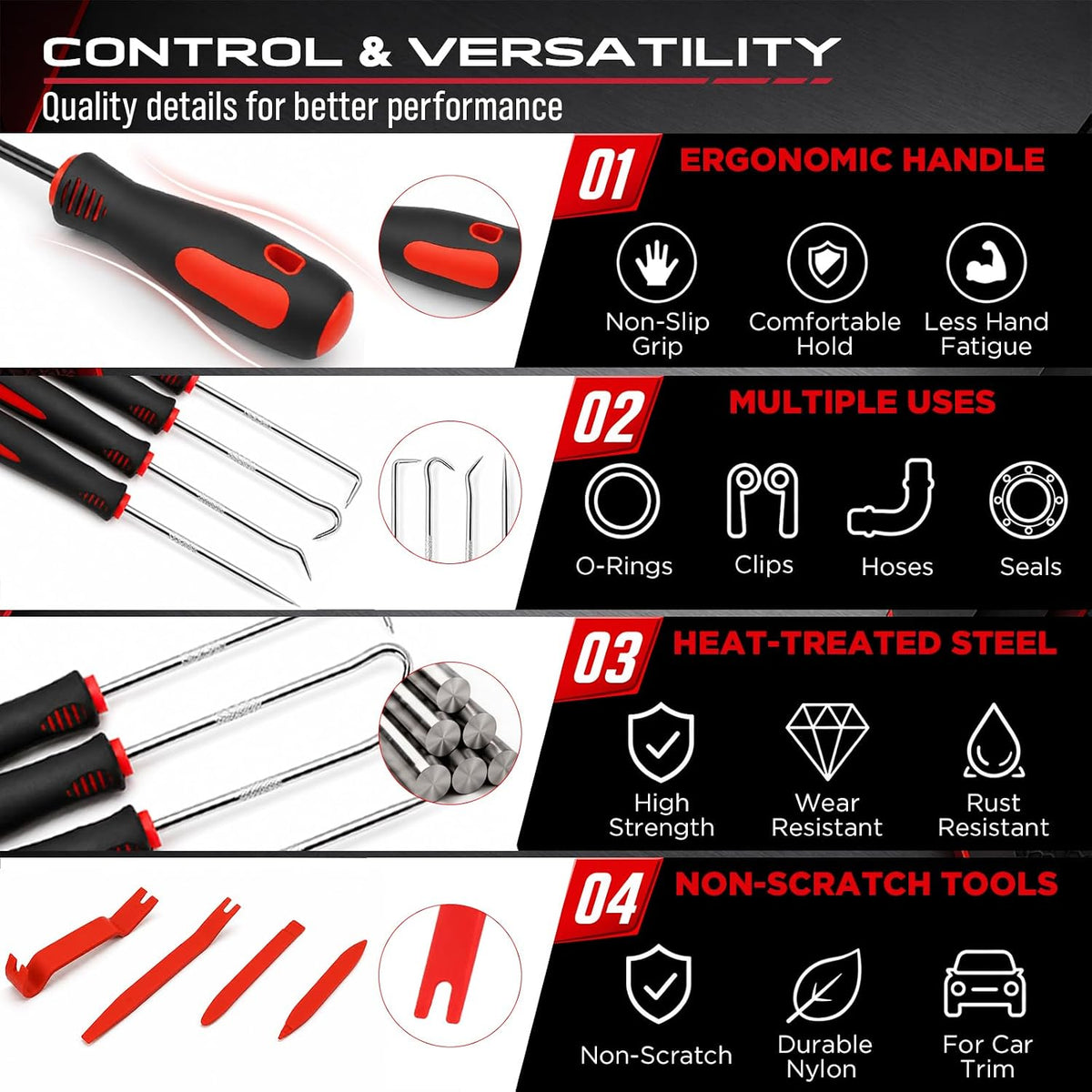 15-Piece Automotive Pick & Hook Tool Set with Magnetic Pickup, Trim & Fastener Removers and Storage Bag