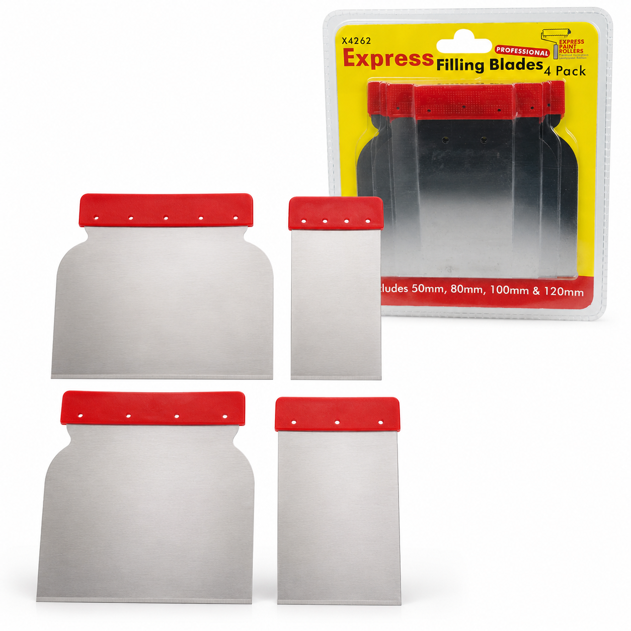 Express Paint Rollers 4 Piece Stainless Steel Flexible Filling Blade Set 50mm, 80mm, 100mm & 120mm