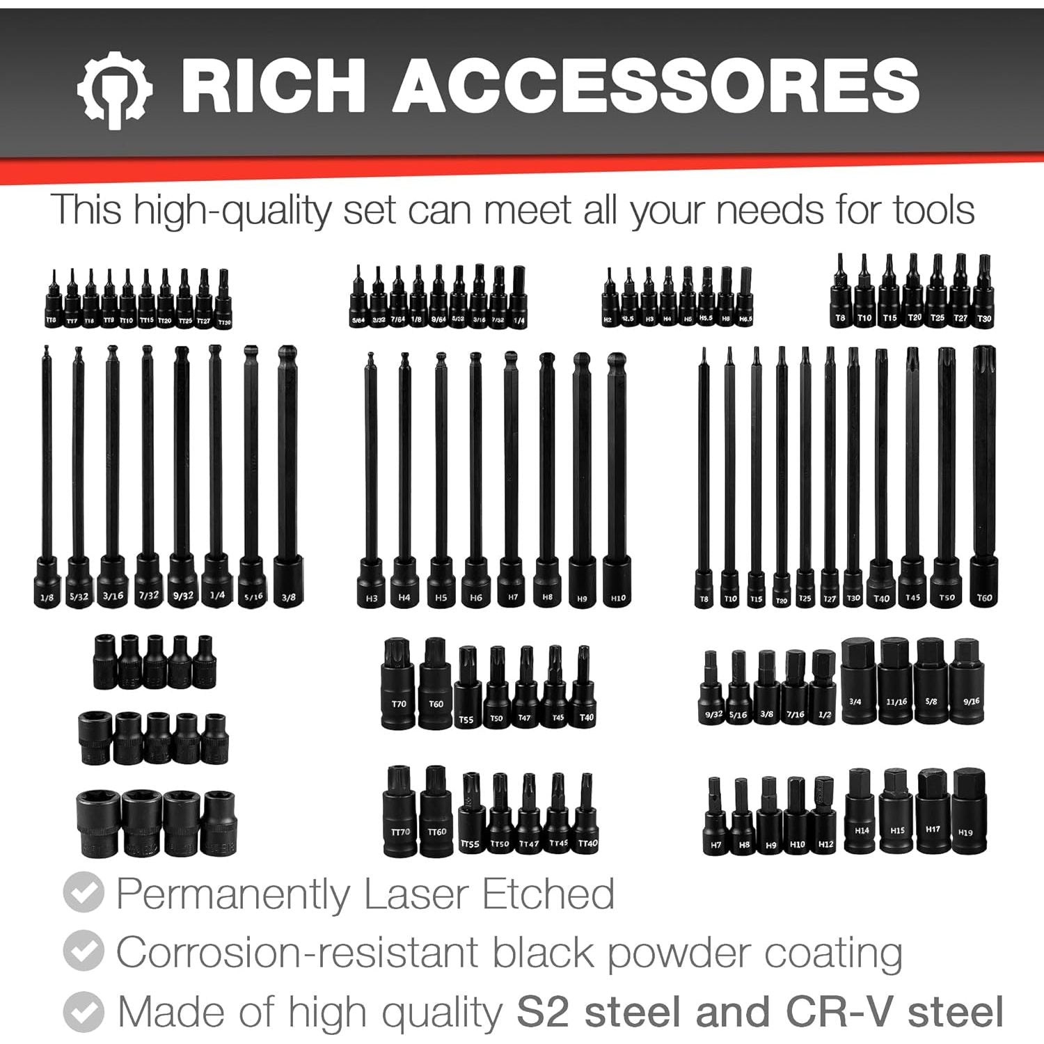 107 Piece Bit Socket Set, 1/4", 3/8" and 1/2" Drive, Hex/Torx/Tamper Proof Torx/E-Trox/Long Ball End Hex, CR-V, S2 Steel, SAE/Metric - South East Clearance Centre