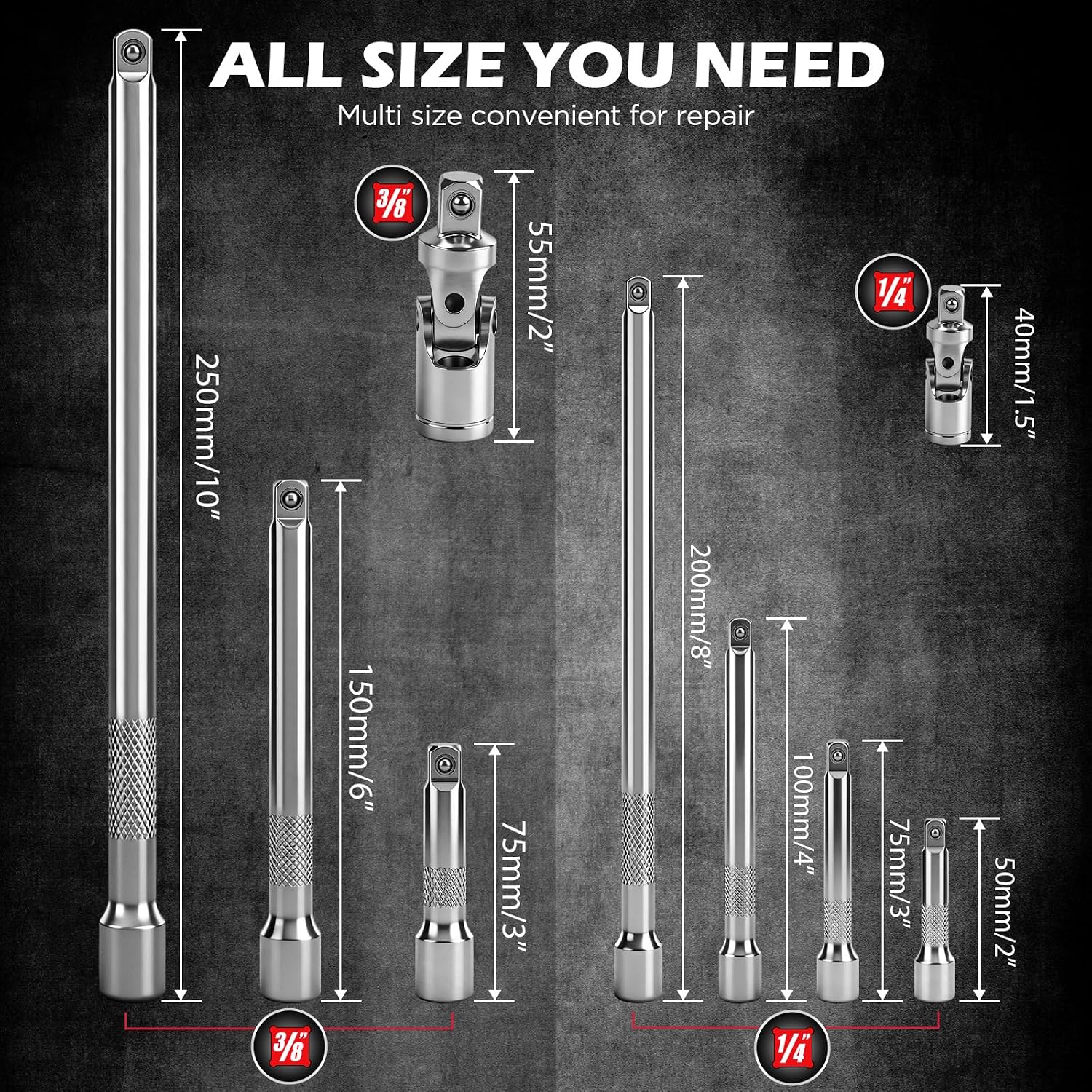 9-Piece Socket Extension Bar Set, 1/4" & 3/8" Drive Ratchet Extensions 2", 3", 4", 6", 8" & 10" with Universal Joints, CR-V Steel for Tight Spaces
