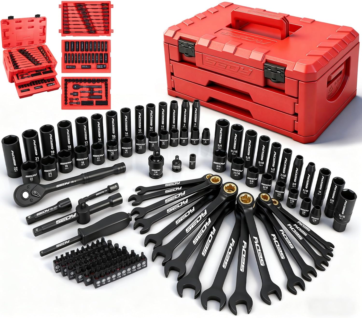 132-Piece Mechanics Tool Set, Ratchet Spanner & Socket Wrench Set, SAE/Metric 1/4" & 3/8" Socket Set, Extensions & Adapters, Quick-Release Ratchet, Professional Auto Tool Kit with Storage Case