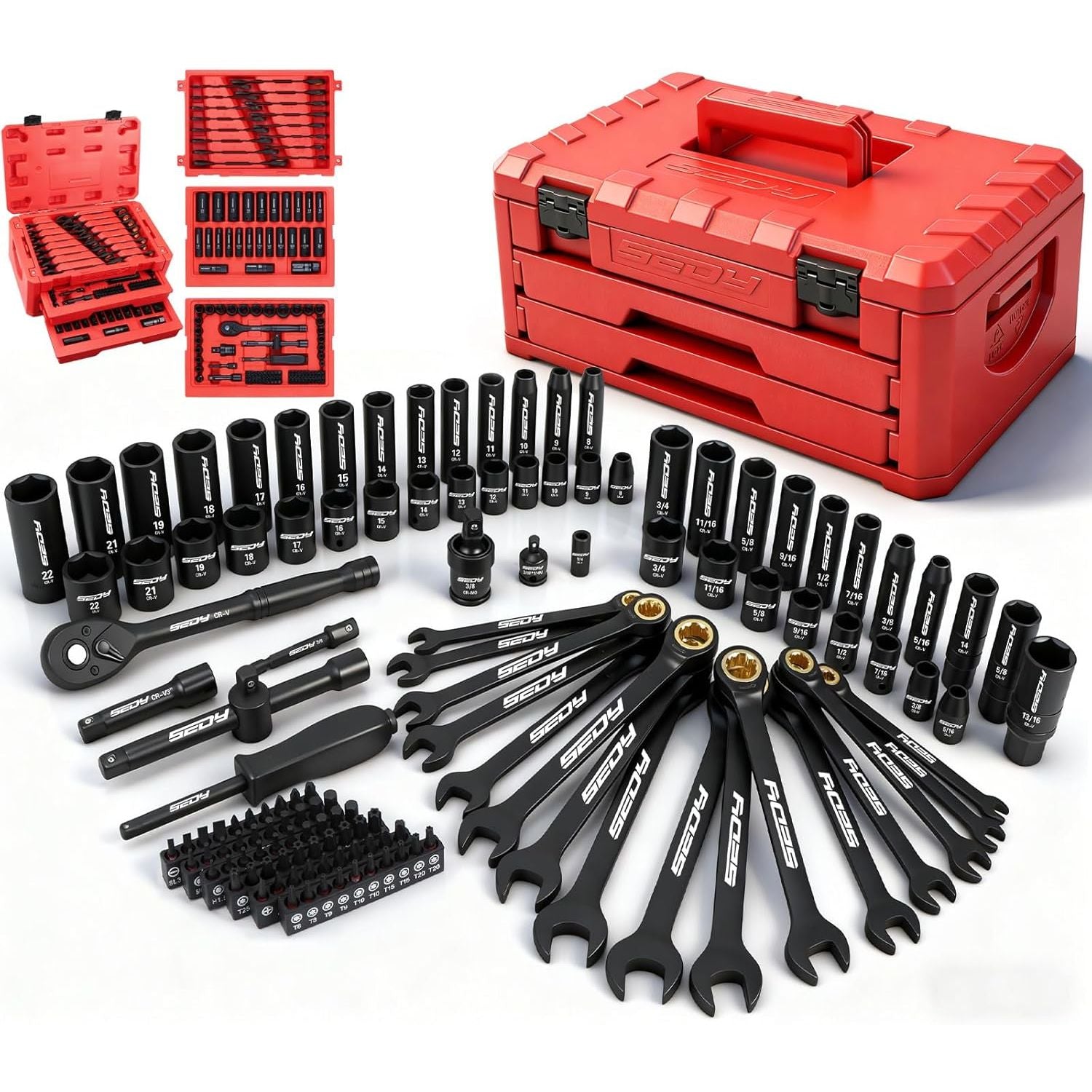 132-Piece Mechanics Tool Set, Ratchet Spanner & Socket Wrench Set, SAE/Metric 1/4" & 3/8" Socket Set, Extensions & Adapters, Quick-Release Ratchet, Professional Auto Tool Kit with Storage Case