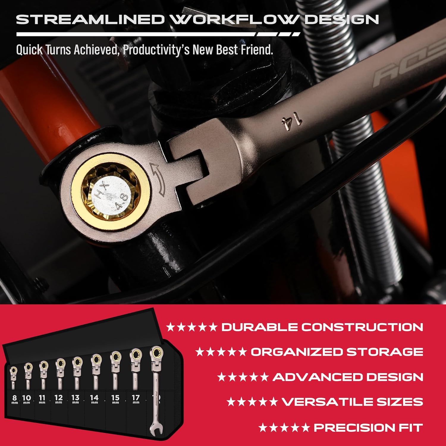 9 Piece Flex Head Ratcheting Combination Wrench Set Metric 8-19mm Premium 72-Teeth Gear Chrome Vanadium Nickel Plated - South East Clearance Centre