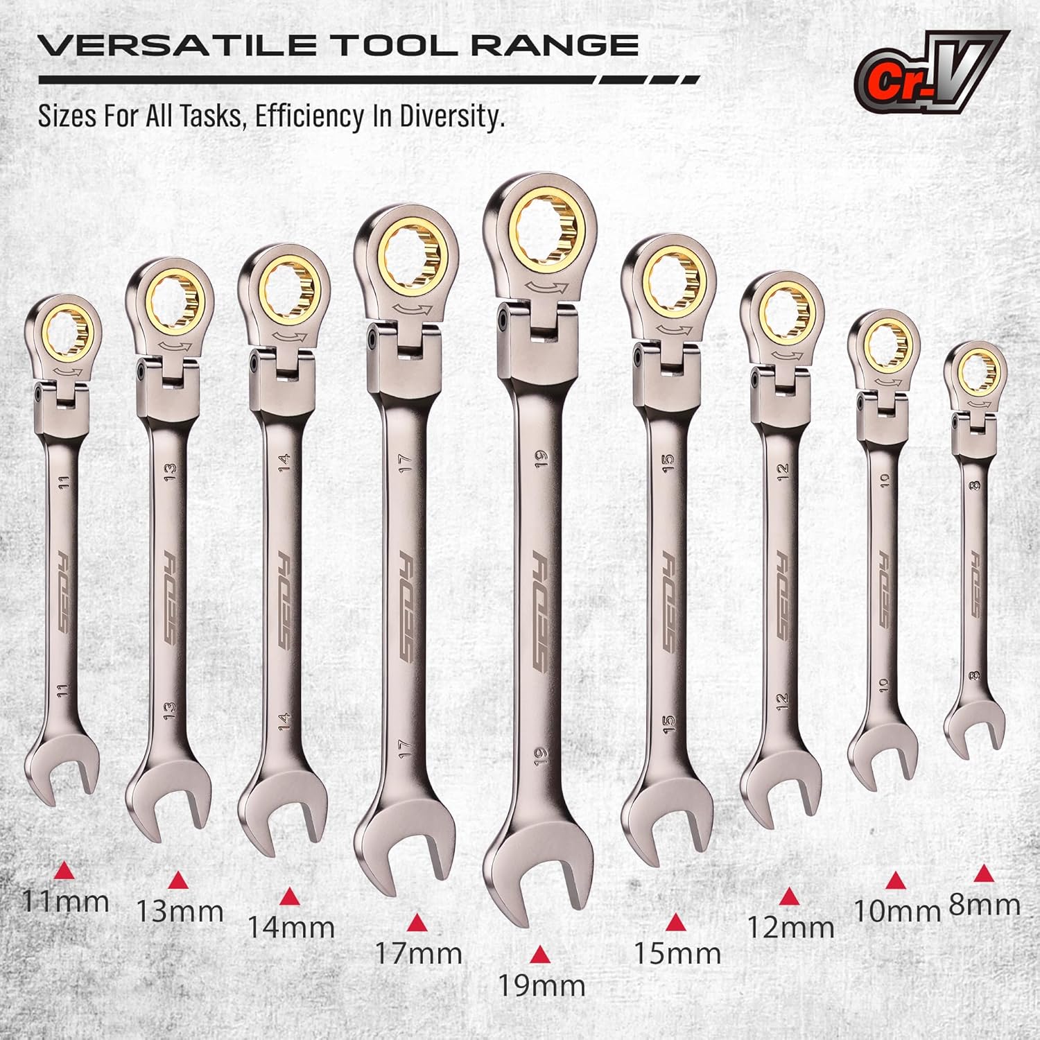 9 Piece Flex Head Ratcheting Combination Wrench Set Metric 8-19mm Premium 72-Teeth Gear Chrome Vanadium Nickel Plated - South East Clearance Centre