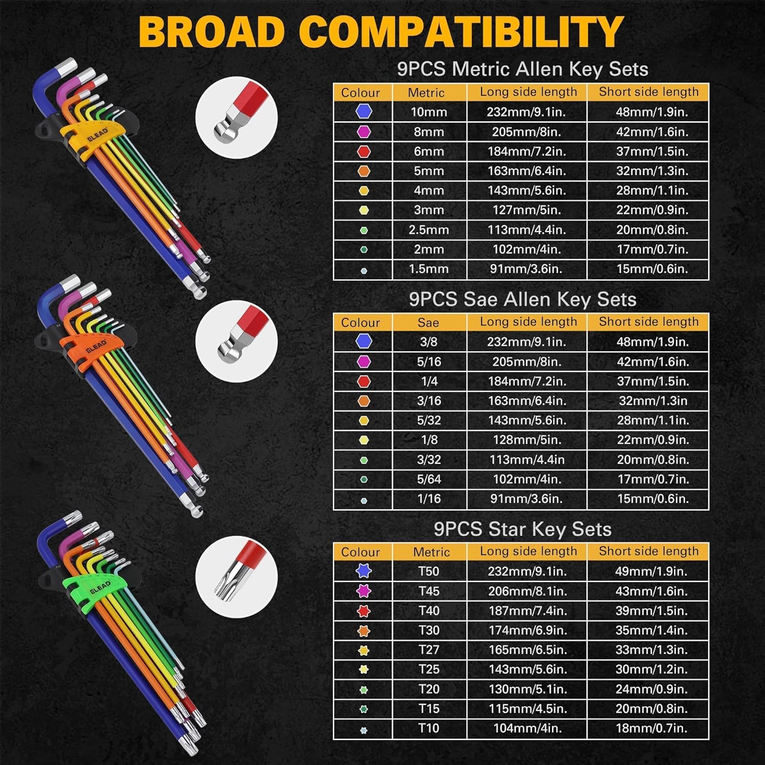 Hex Key Allen Wrench Set: 29-Piece Rainbow Colored Hex Torx Key Set, Long Arm Ball End, Metric SAE Torx Star Allen Wrenches Sets with T-Handle and Extension Bar