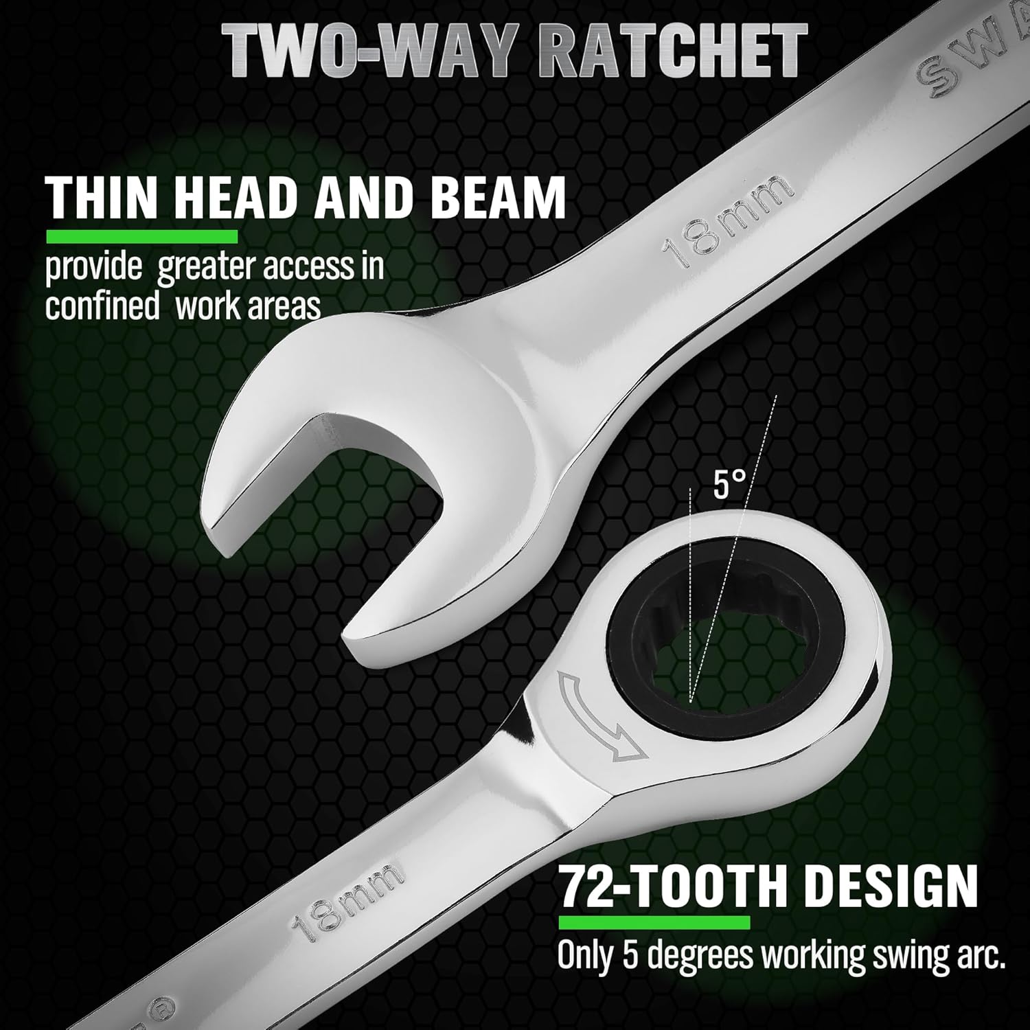 Ratcheting Wrench Set, 11-piece Metric Combination Wrench Set with Pouch CR-V Steel (11PCS METRIC) - South East Clearance Centre