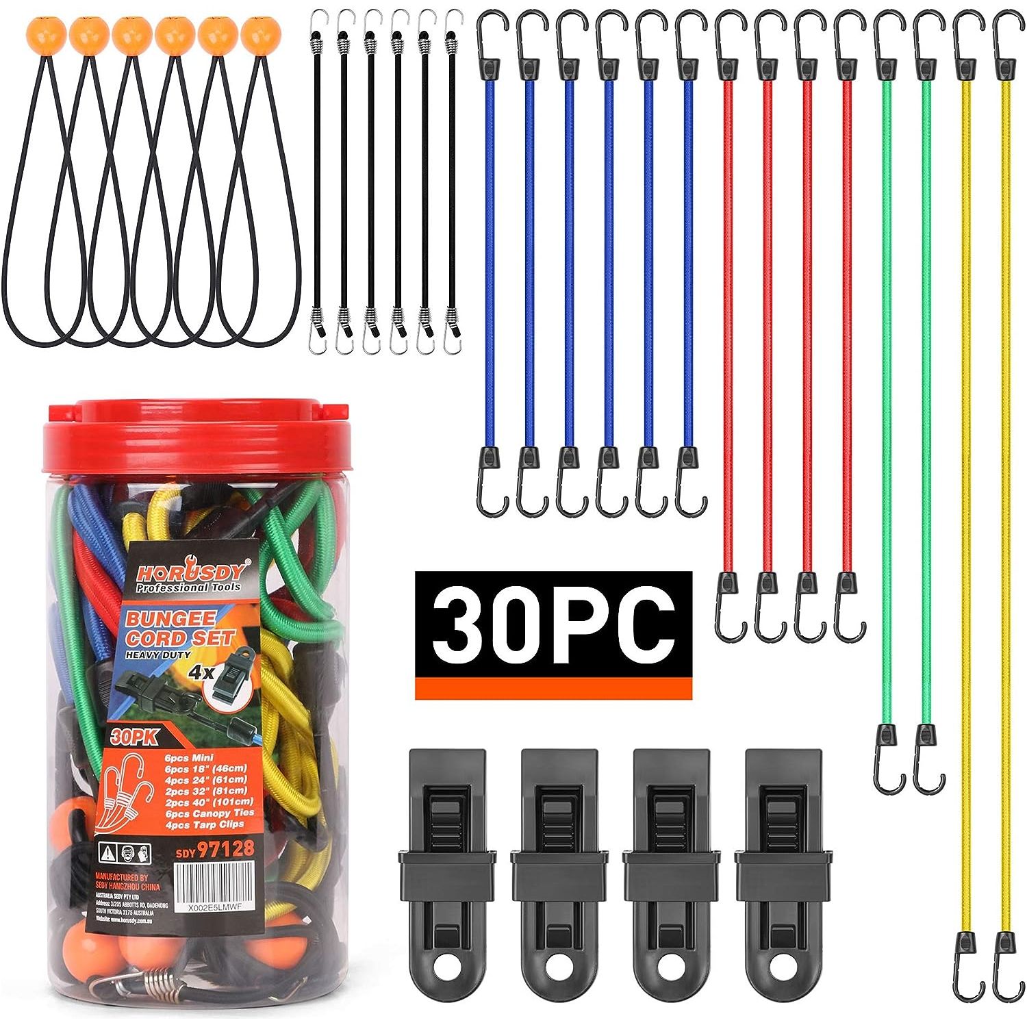 30-Piece Bungee Cords Awning Tarp Clip Tie Down Set 10'/18'/24'/32'/40' - South East Clearance Centre