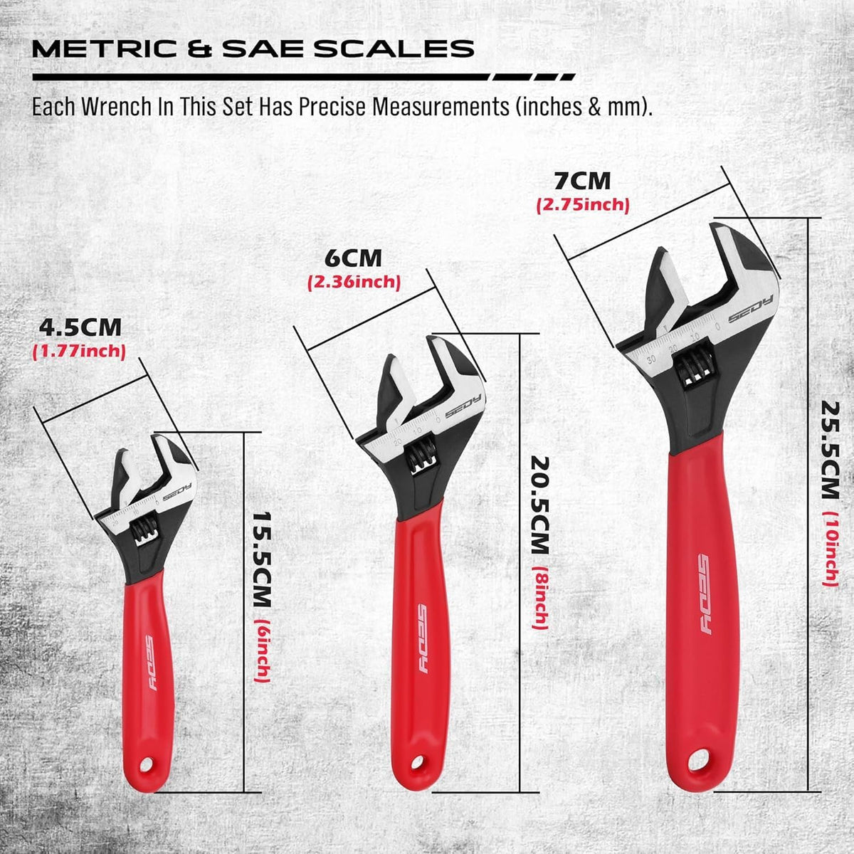 Adjustable Wrench Set Pipe Spanner: 6" 8" 10" Wide Jaw Black Oxide Wrench With Cushion Grip, Laser Marked Metric & SAE Scales, CR-V Steel for Professional
