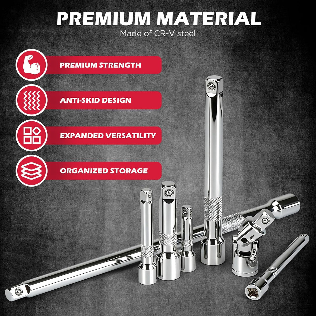 9-Piece Socket Extension Bar Set, 1/4" & 3/8" Drive Ratchet Extensions 2", 3", 4", 6", 8" & 10" with Universal Joints, CR-V Steel for Tight Spaces