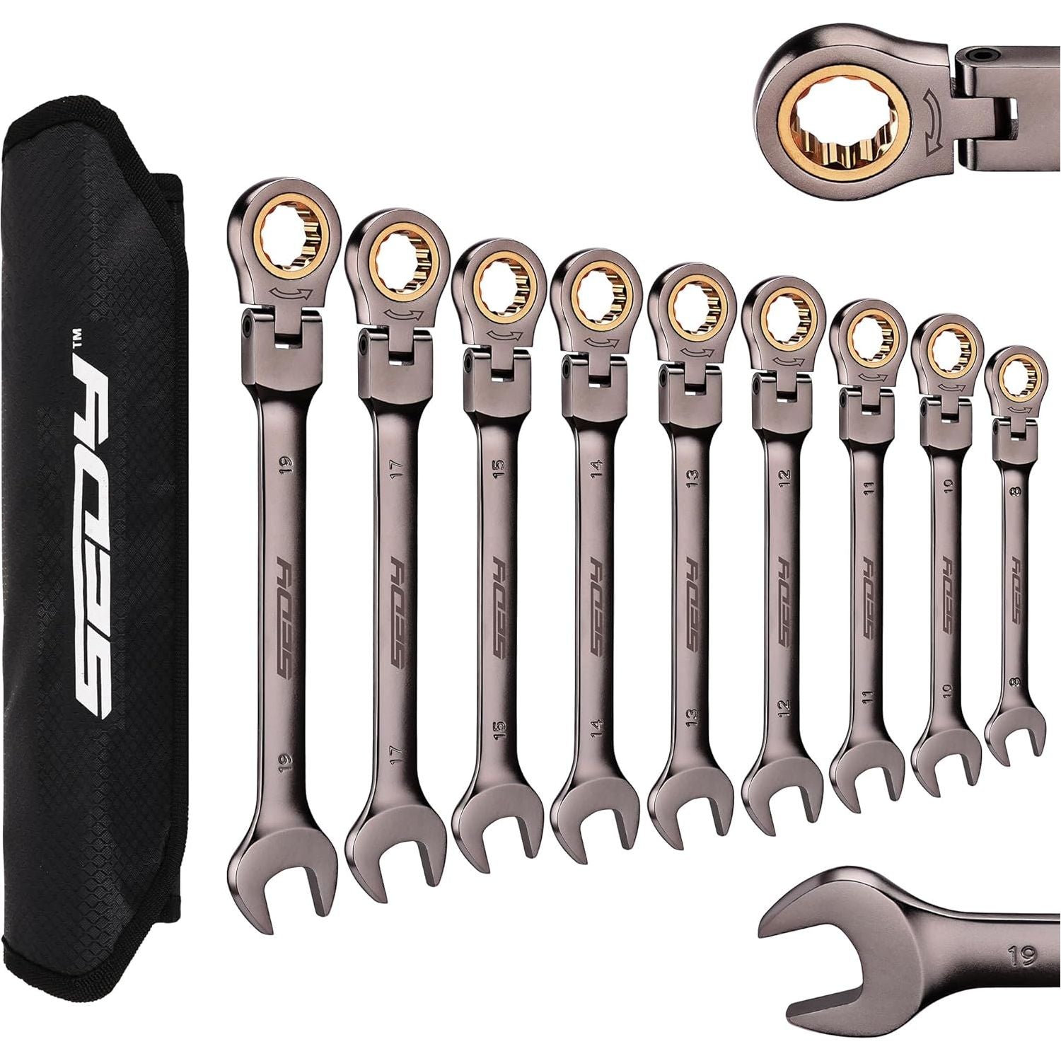 9 Piece Flex Head Ratcheting Combination Wrench Set Metric 8-19mm Premium 72-Teeth Gear Chrome Vanadium Nickel Plated - South East Clearance Centre