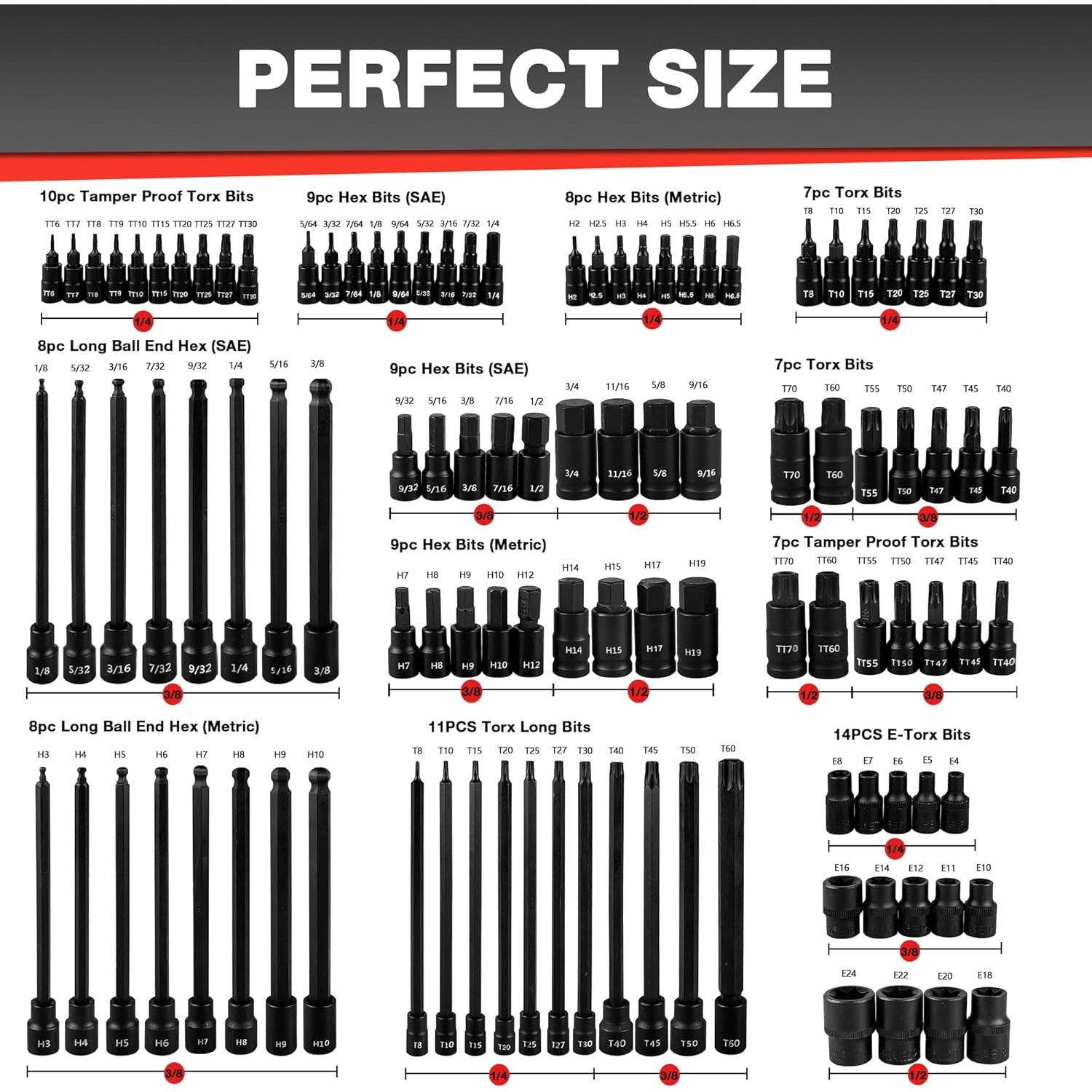 107 Piece Bit Socket Set, 1/4", 3/8" and 1/2" Drive, Hex/Torx/Tamper Proof Torx/E-Trox/Long Ball End Hex, CR-V, S2 Steel, SAE/Metric - South East Clearance Centre