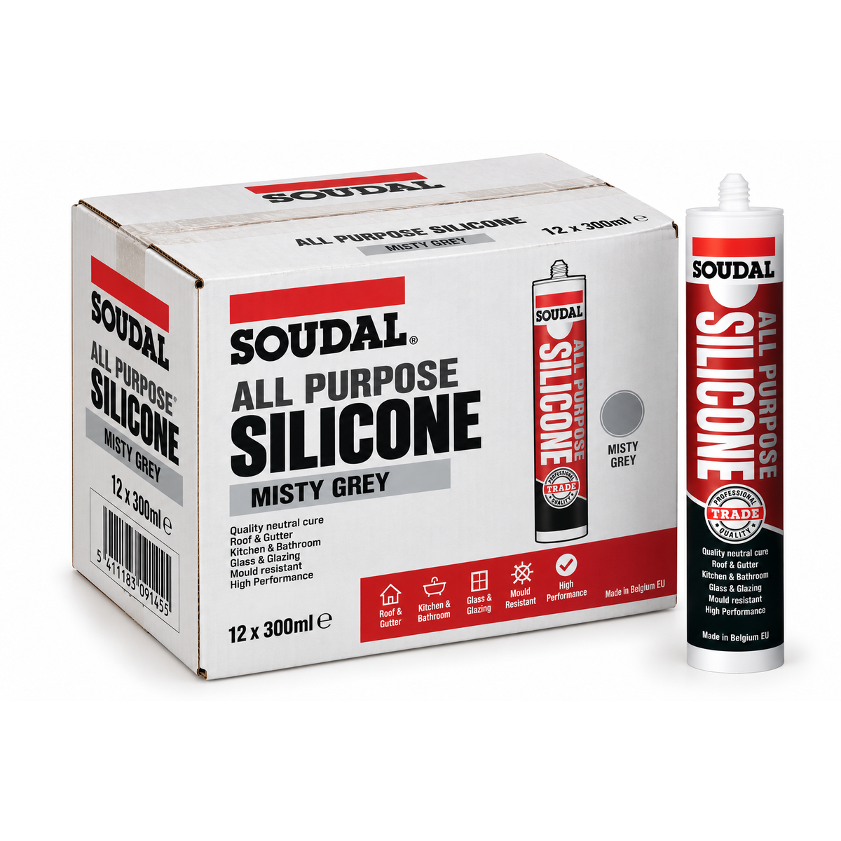 Soudal 144928 All Purpose Silicone Misty Grey 300ml (Box of 12)