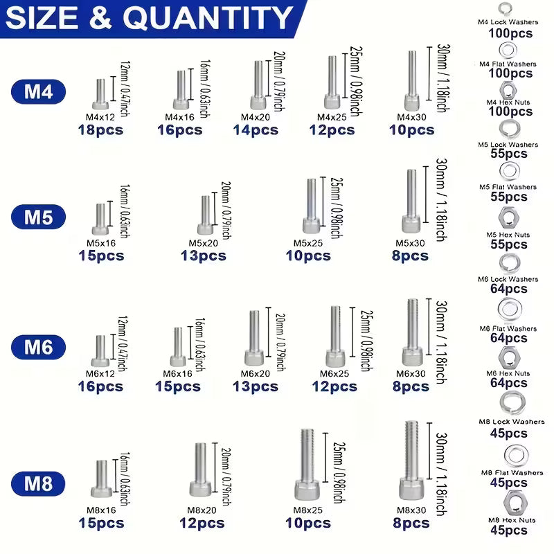 1018 Piece Stainless Steel Metric Hex Socket Cap Screw, Nut & Washer Assortment Kit - M4, M5, M6 & M8 Fasteners with Double-Sided Storage Case