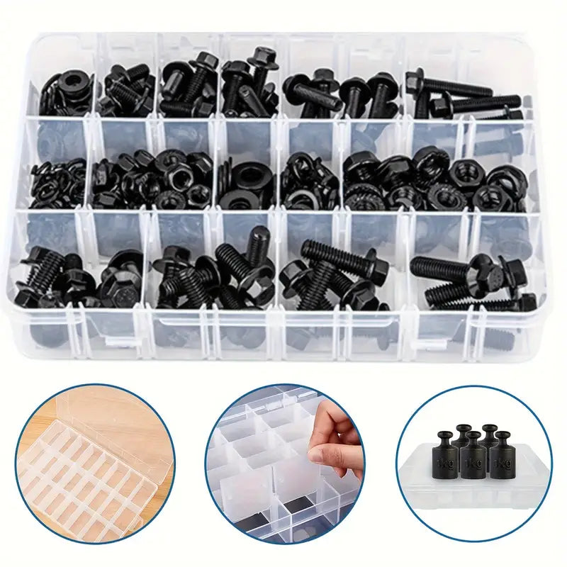 260 Piece High Strength Black Carbon Steel Flanged Hex Head Screw & Bolt Assortment Kit, M6-M8 - South East Clearance Centre