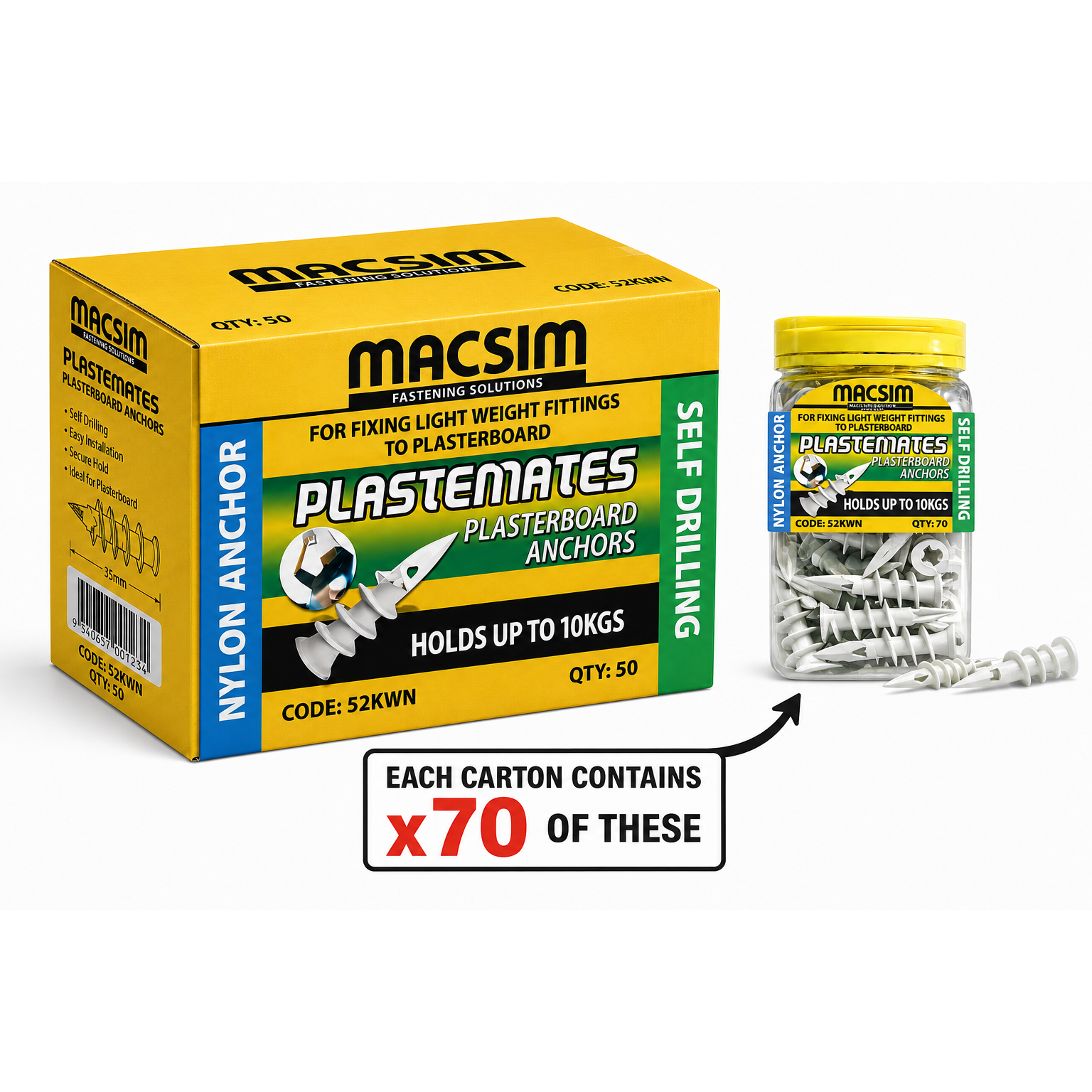 Macsim PlasteMates Self-Drilling Nylon Plasterboard Anchors 10kg — Carton of 3500 Anchors (50 Packs × 70)