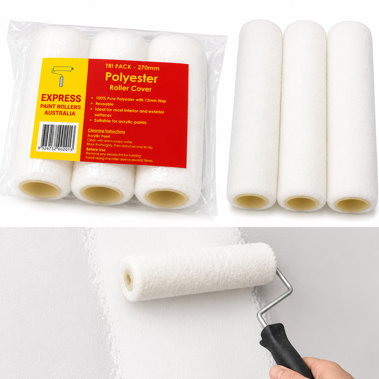 Express 270mm Polyester Paint Roller Covers 3 Pack | 12mm Nap | Reusable Roller Sleeves for Acrylic Paint