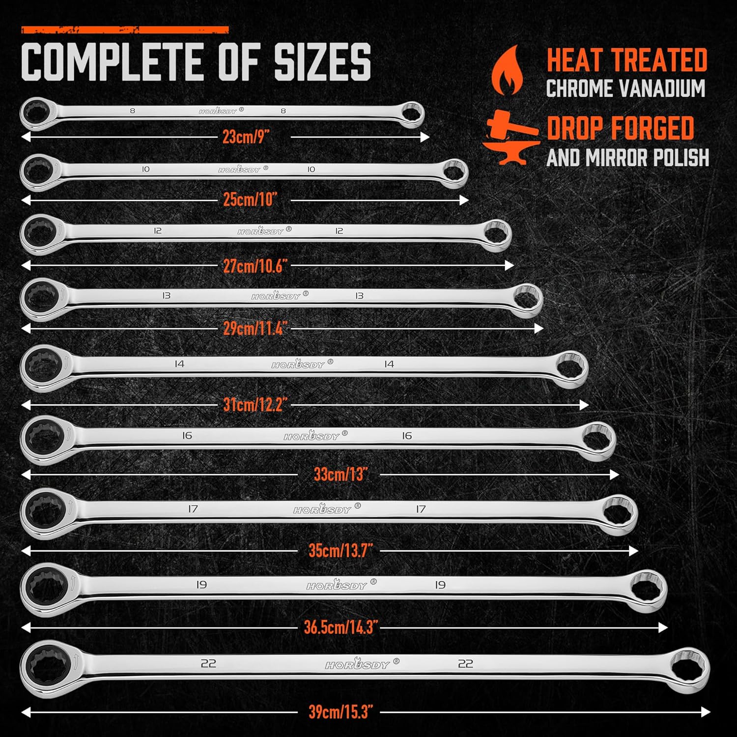 9-Piece Extra Long Ratchet Spanner Set, Double Ring Ratcheting Spanners, Metric 8-22MM Spanner Set CRV with Storage Foam for Tool Box Chest Drawer - South East Clearance Centre